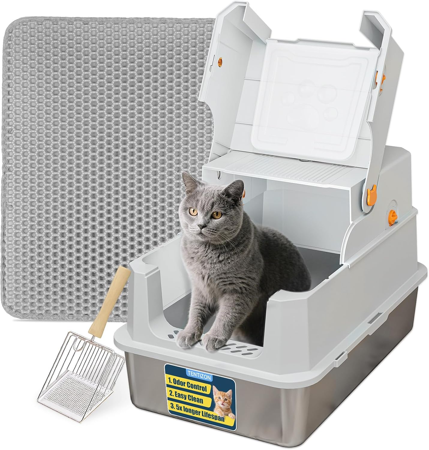 Detalle de TTT TENTIZON PT003-GY-00 Stainless Steel Covered Cat Litter Box, XL