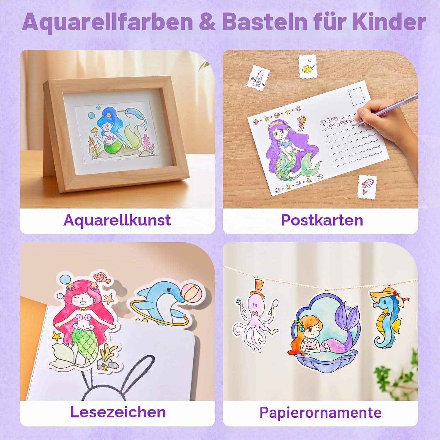 Detalle de JoyCat Malbuch mit Wasserfarben für Kleinkinder ab 3–8 Jahren (Lila) – 3-in-1 Aquarellset mit 20 Unterwasserwelt-Seiten