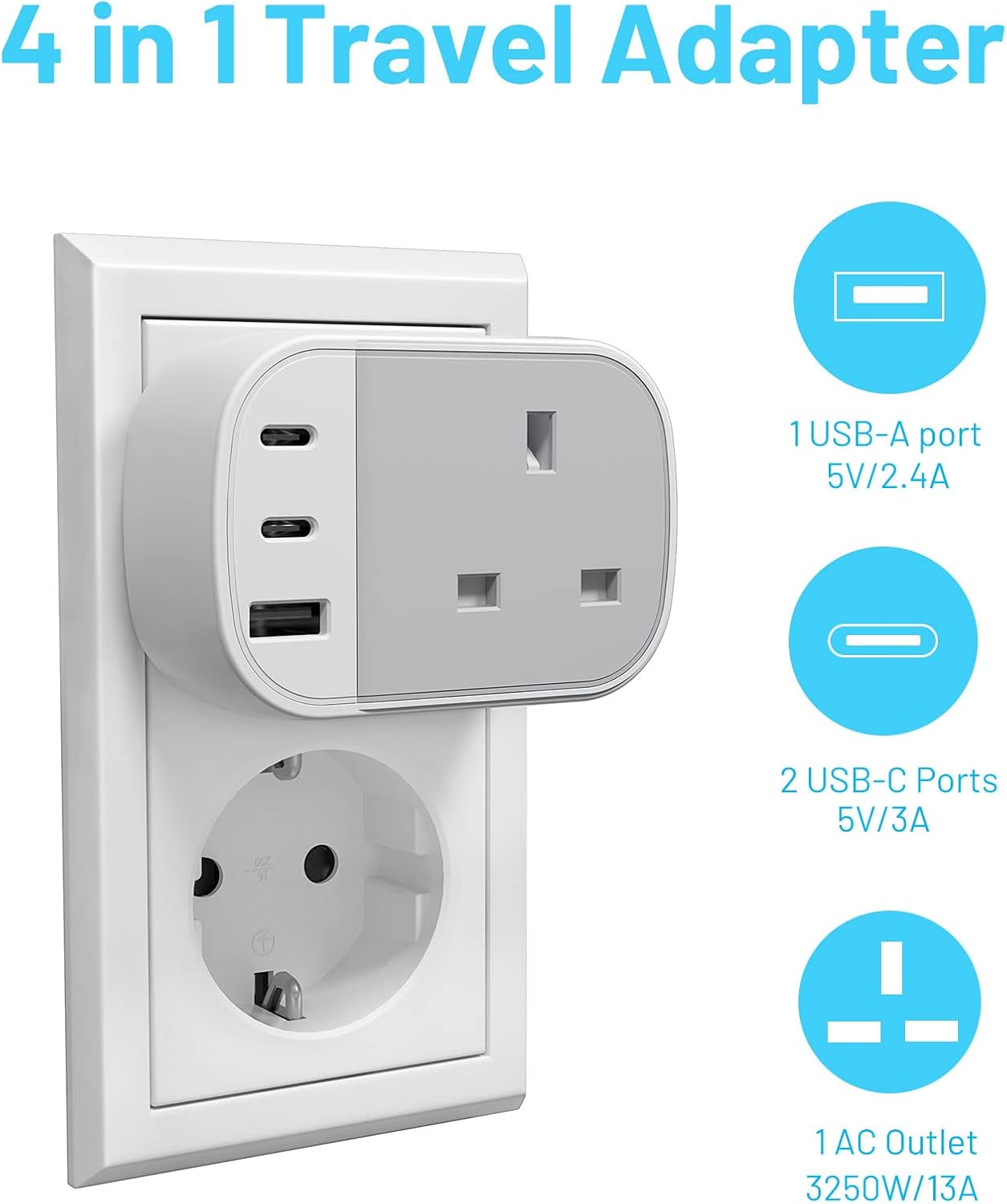 Thumbnail 1 de VINTAR UK to European Plug Adapter with Type E/F and 2 USB-C + USB-A ports