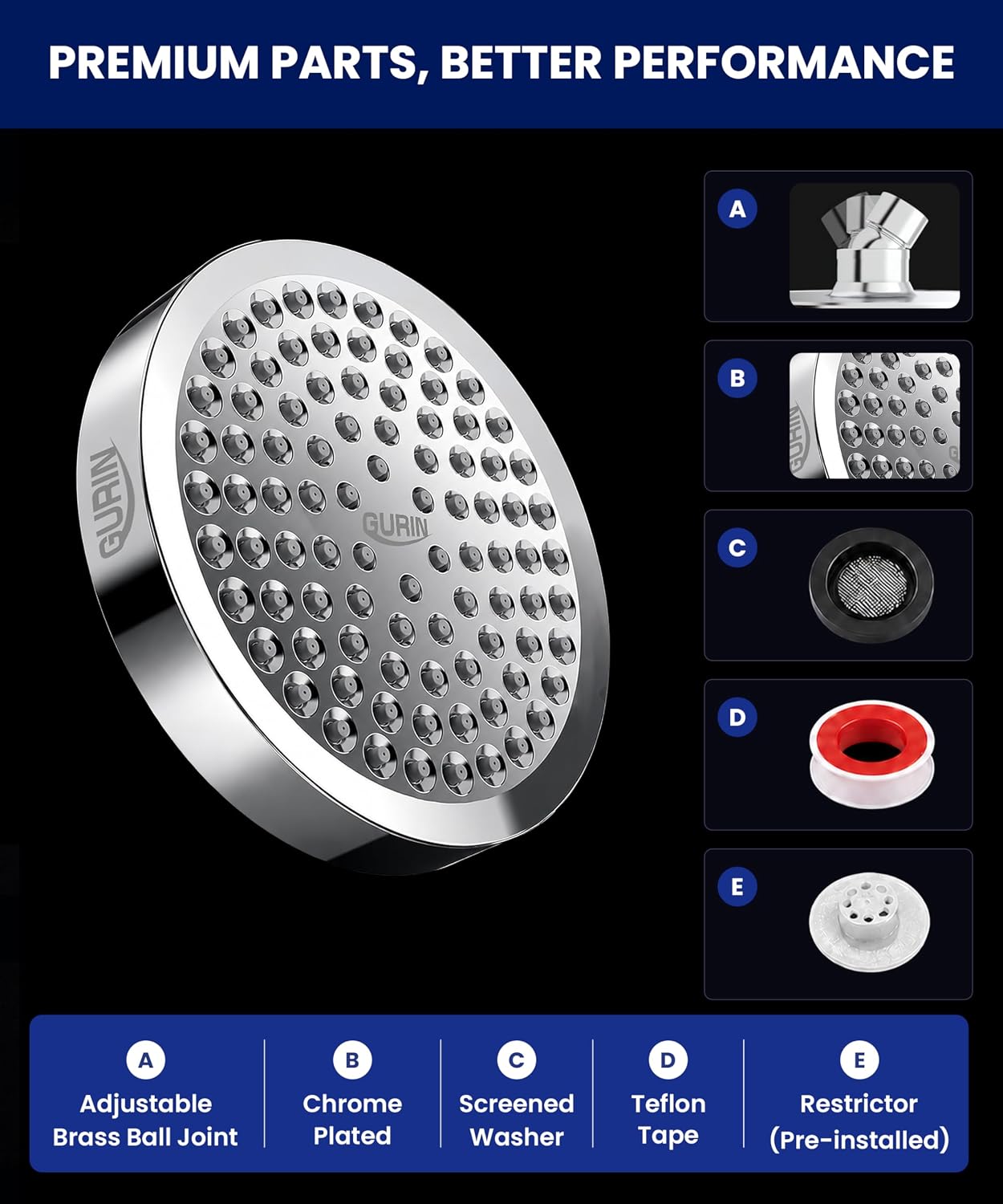 Thumbnail 6 de GURIN Shower Head - Powerful High Pressure Rain Shower Head, 6-Inch Chrome with 90 Anti-Clog Nozzles