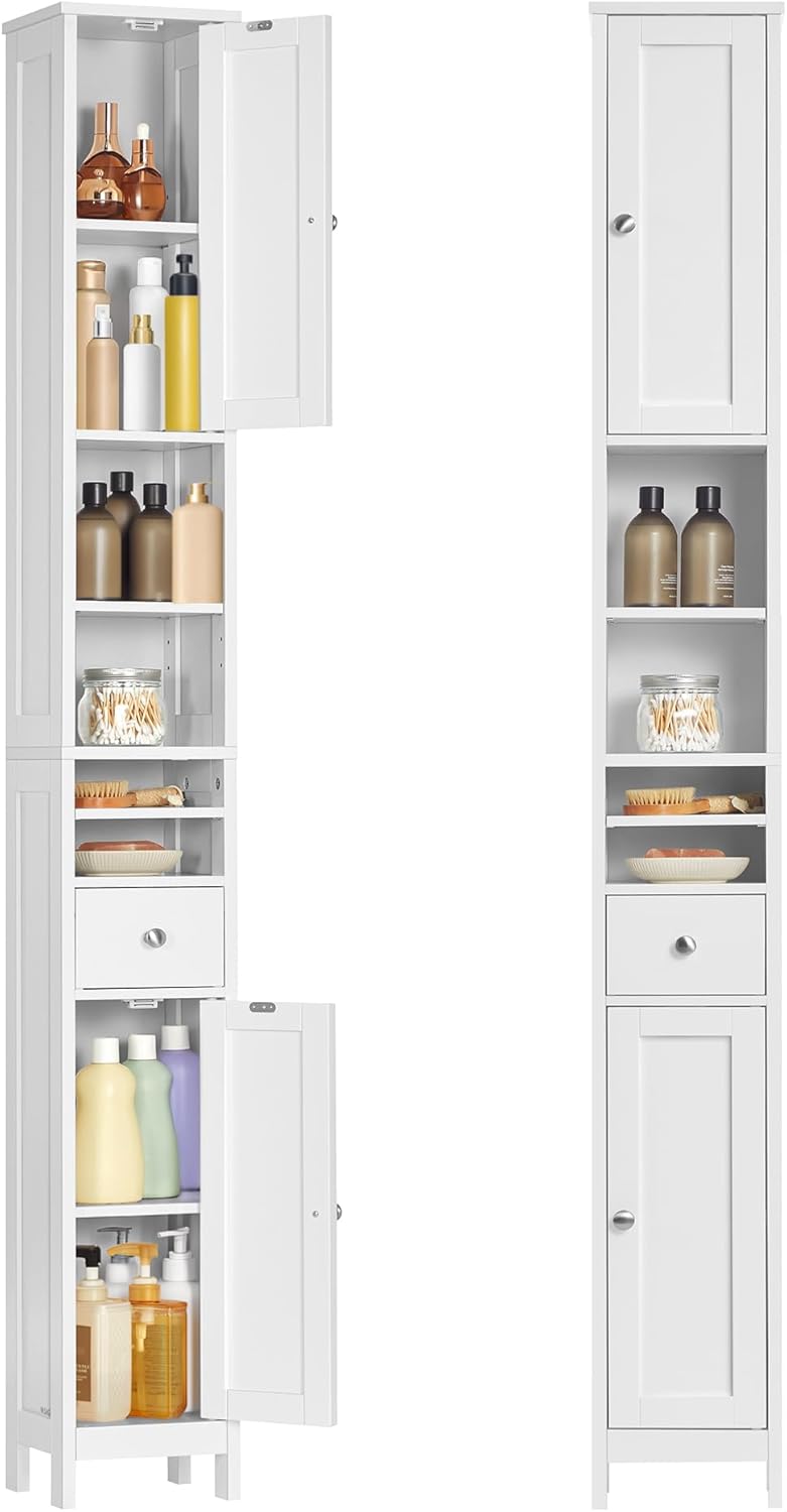 Detalle de VASAGLE Armadio da Bagno Alto BBC765W01, Bianco Nuvola – Compatto, con Ripiani Regolabili e Antiribaltamento