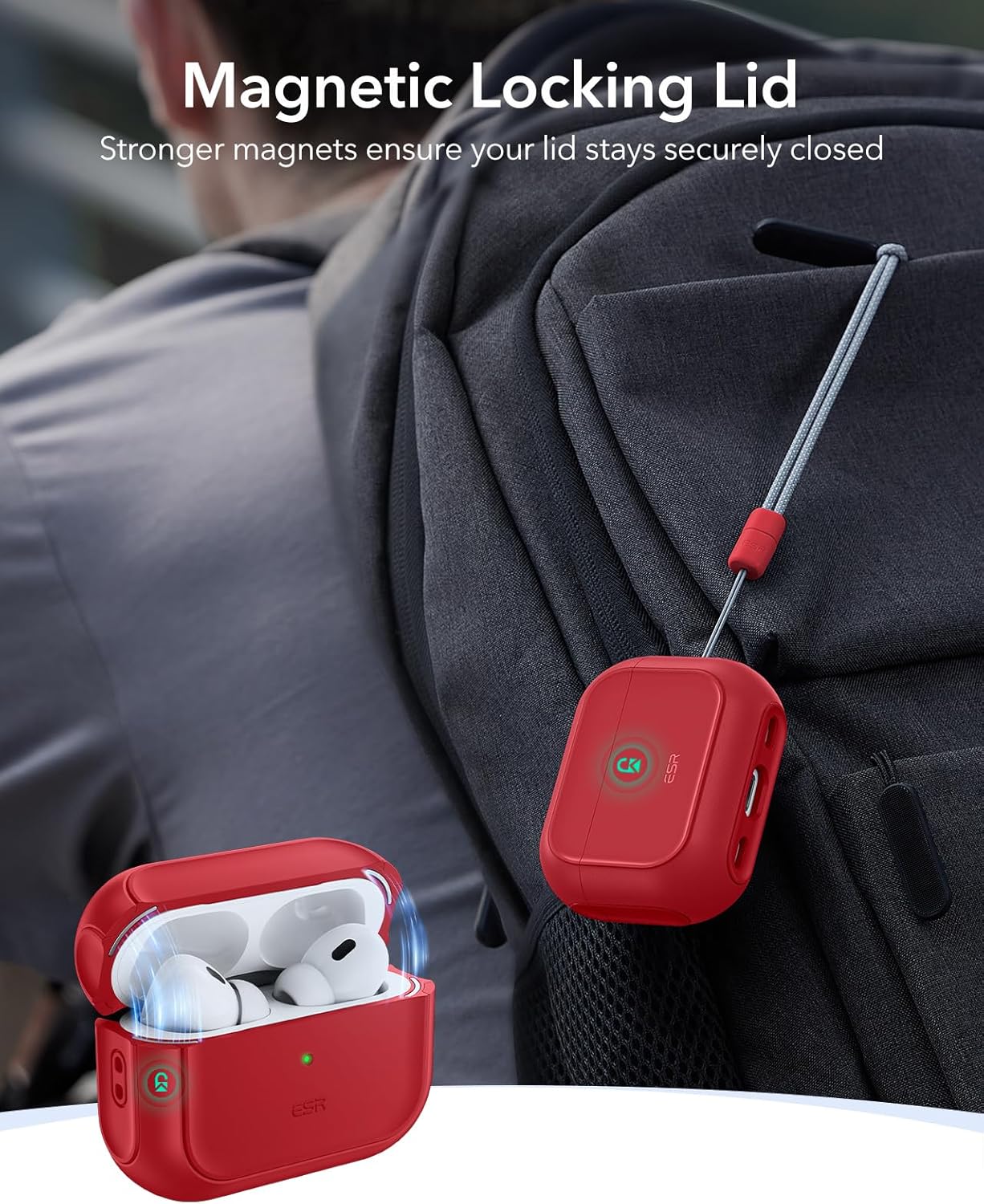 Detalle de Coque ESR pour AirPods Pro 2/1 – Protection hybride avec MagSafe et sangle, Rouge