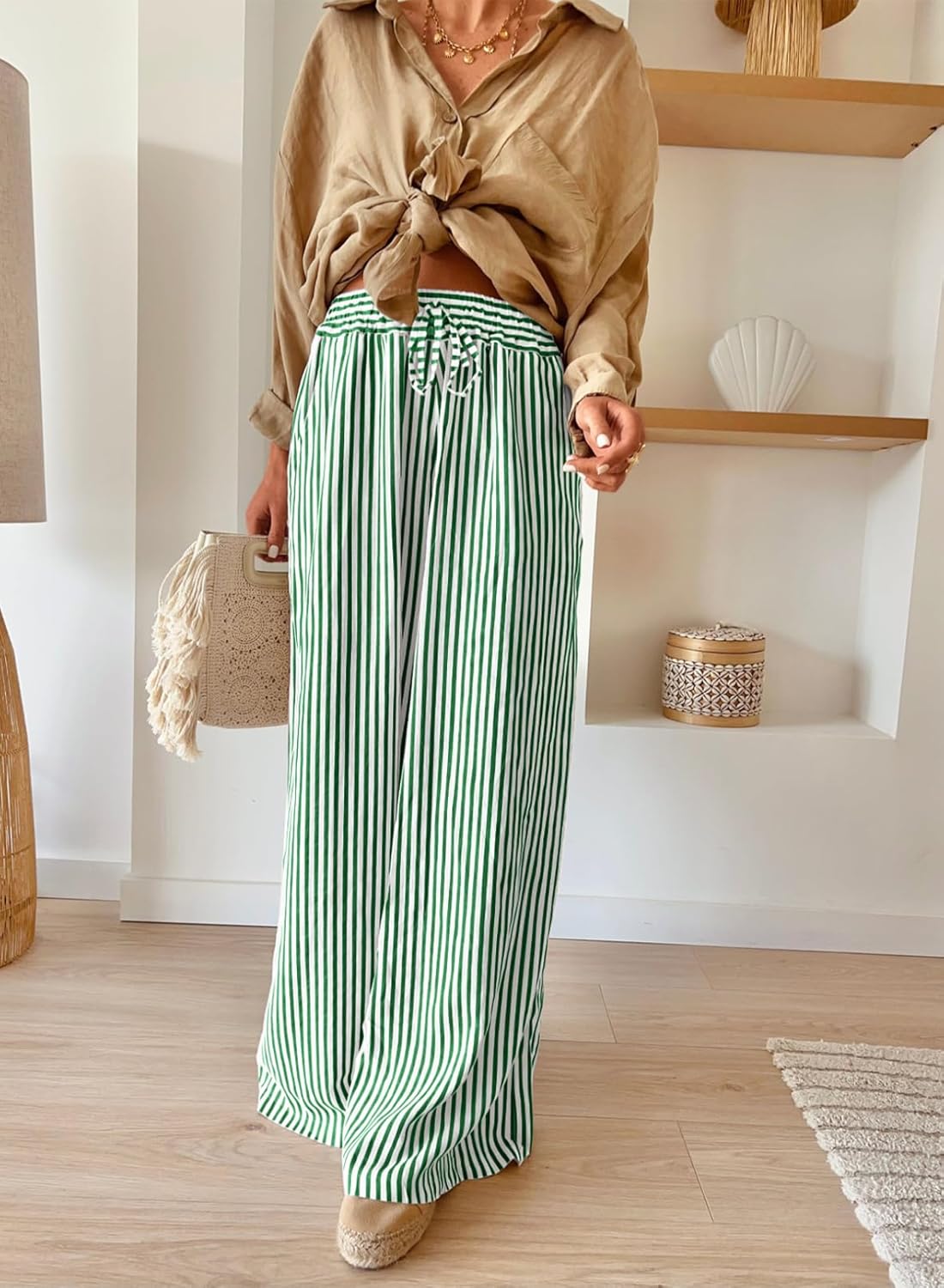 Thumbnail 3 de Acelitt Women Casual Drawstring Elastic Waist Striped Wide Leg Pants with Pockets
