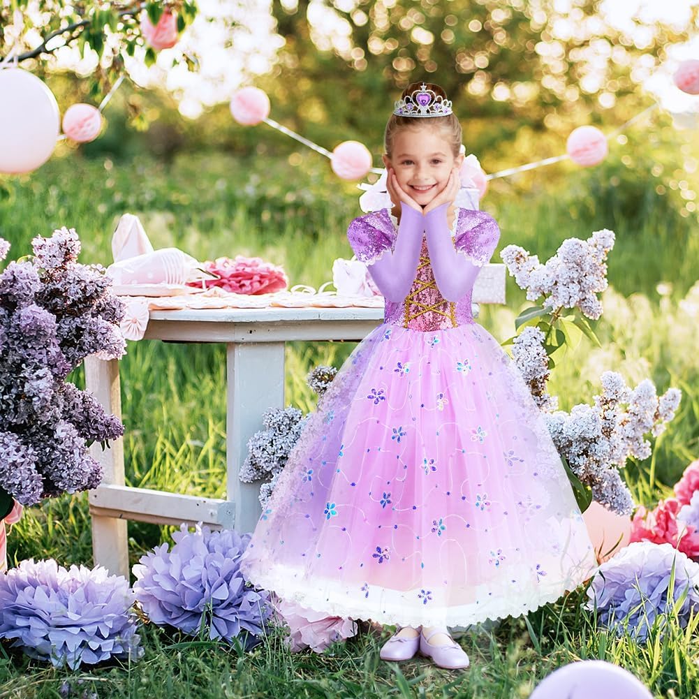 Detalle de AOOWU Prinzessin Kleid für Mädchen „Rapunzel“ (lila) inkl. Krone, Perücke & Zauberstab – Karneval, Halloween, Geburtstag