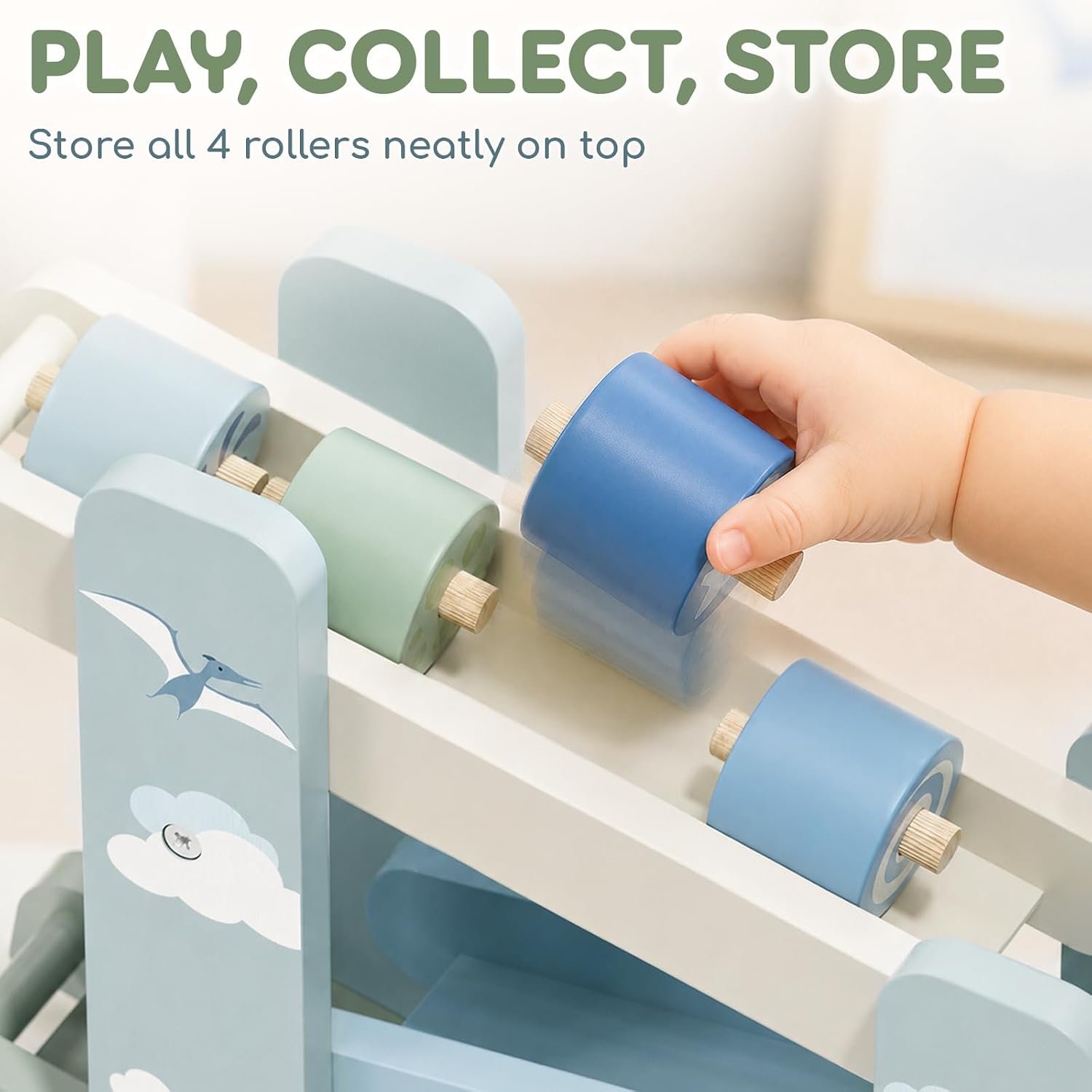 Detalle 2 de Lehoo Castle Wooden Dinosaur Ramp Toy with 4 Rollers