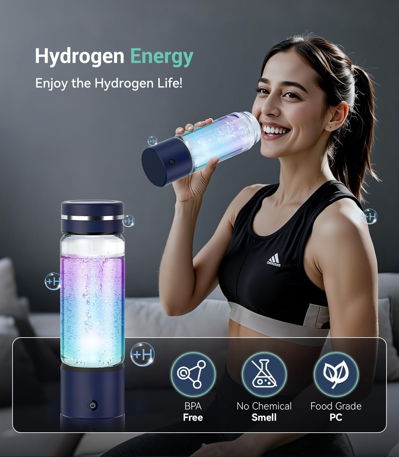 Detalle 2 de MSDQQTIY 4.0 Upgrade Hydrogen Water Bottle, 4,000 PPB, SPE/PEM, Glass