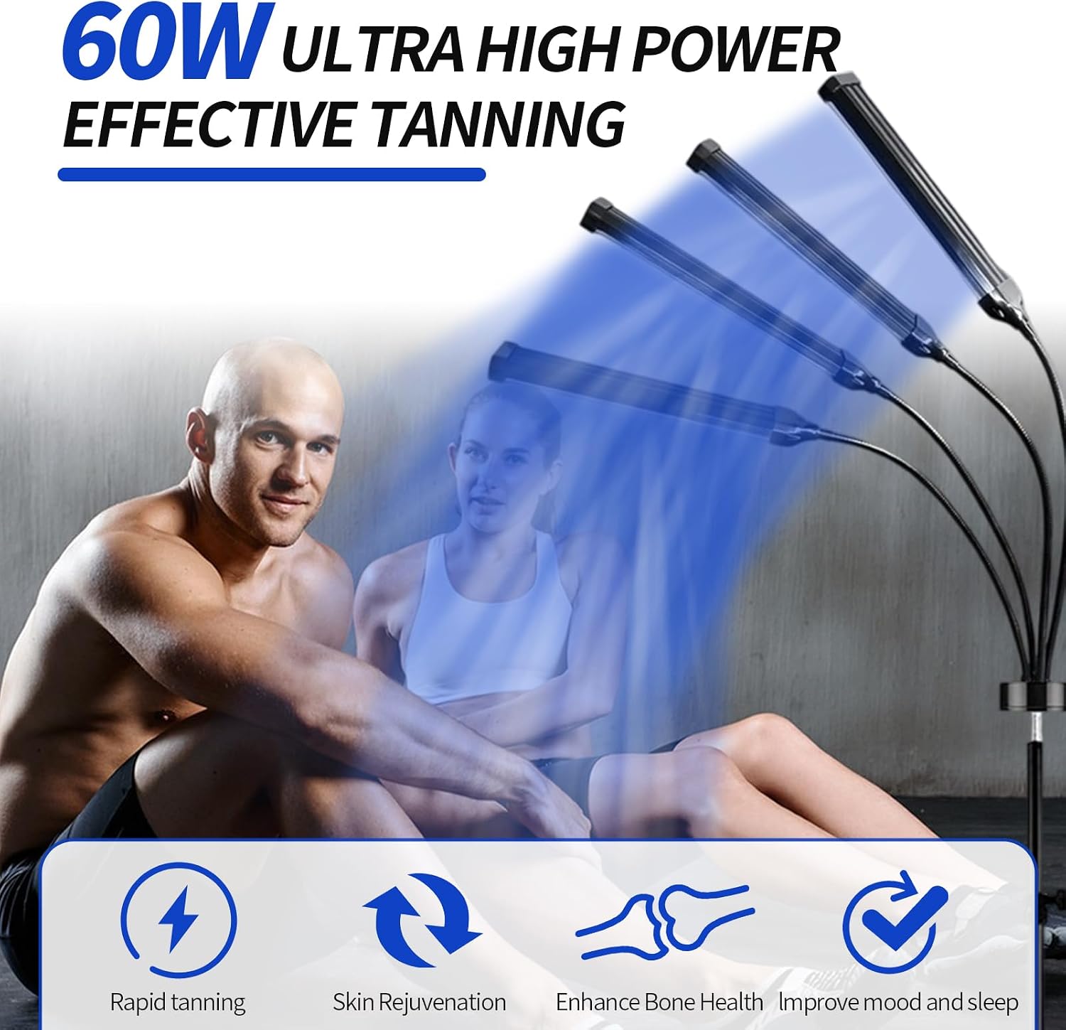 Detalle de Tanning Lamp for Home with Dual-Wavelength Blue Light (460nm & 490nm) — 60W, 4-Head Adjustable Stand