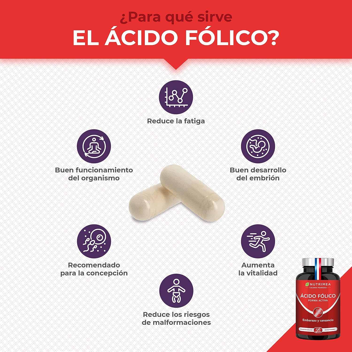 Detalle 2 de Ácido Fólico Vitamina B9 400µg 120 cápsulas veganas