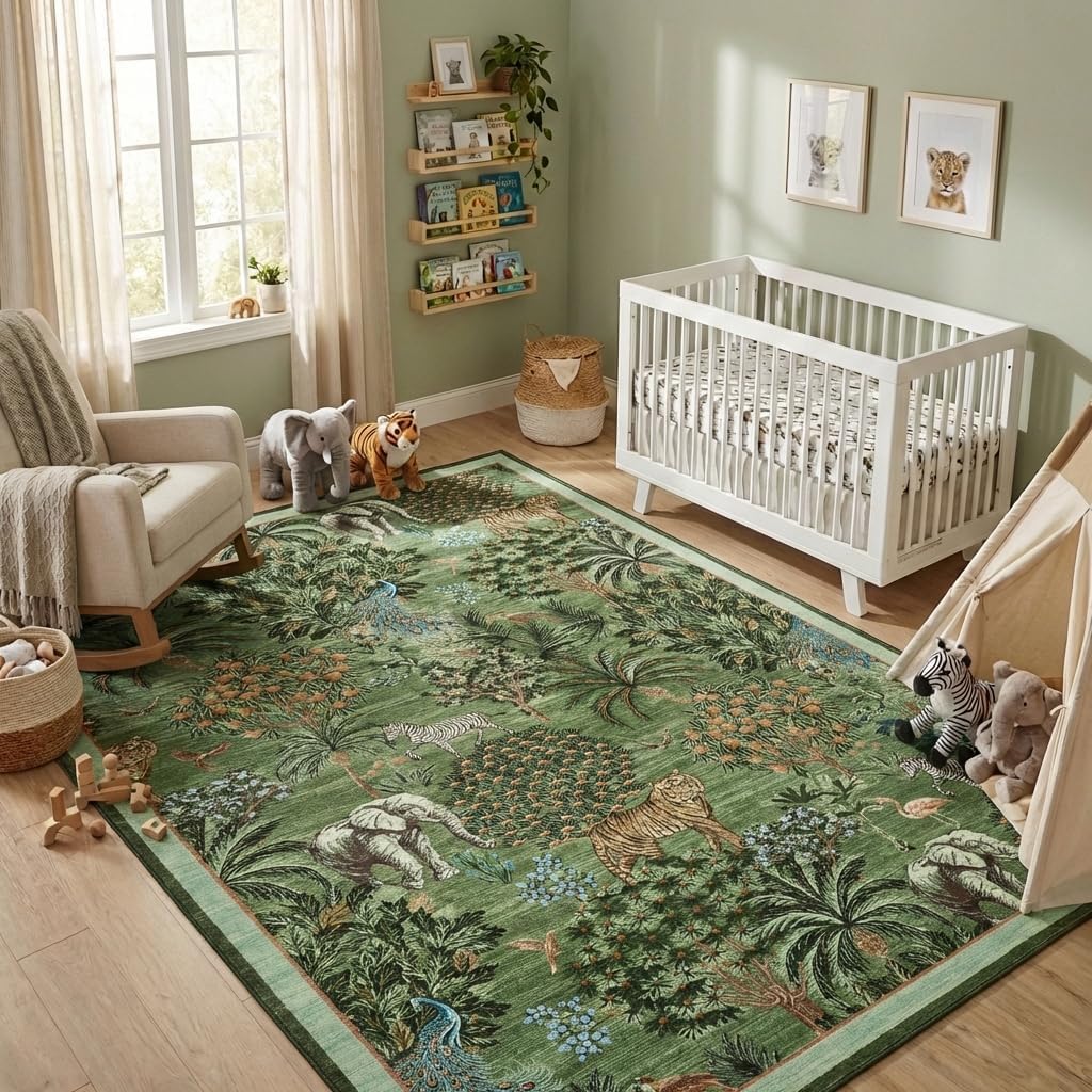 Detalle de GarveeHome Animal Print 8' x 10' Washable Area Rug, Forest Green