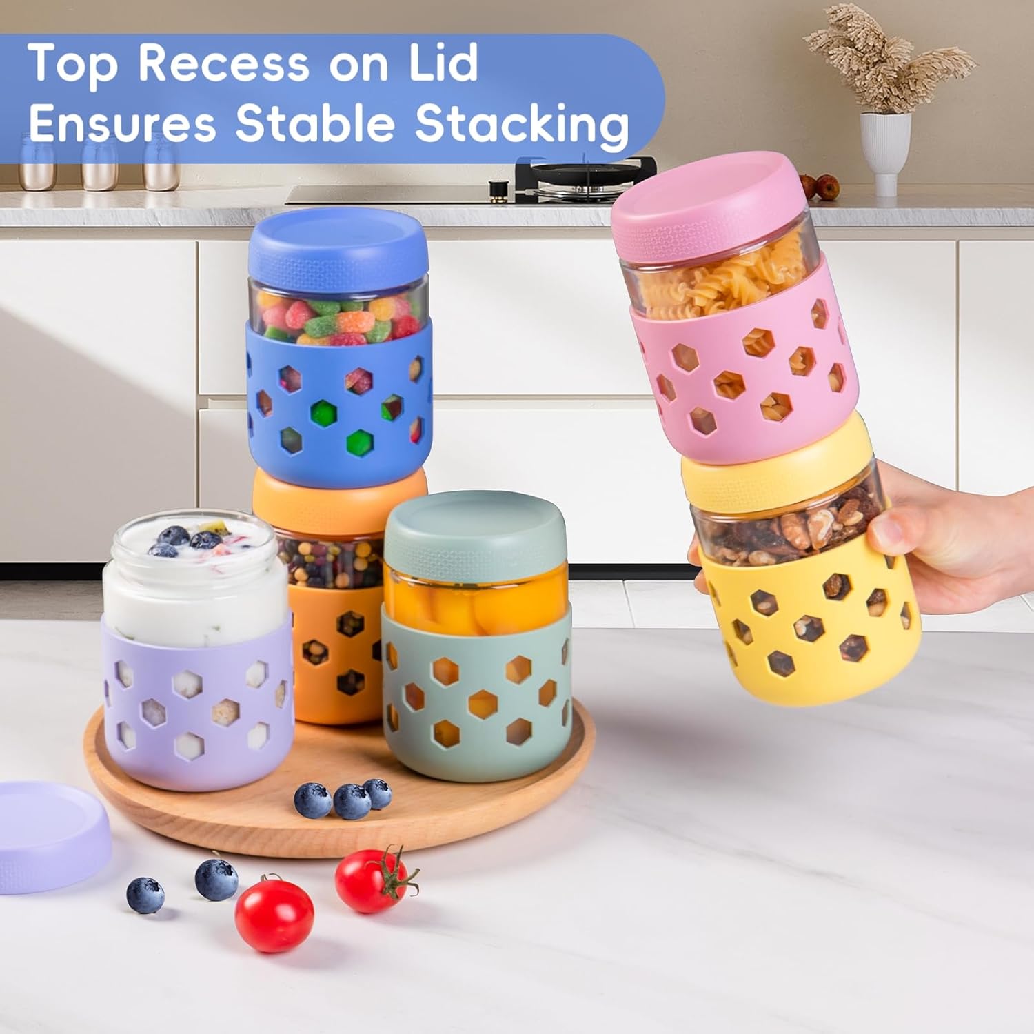 Detalle 2 de Gemice 6-Pack 16 oz Overnight Oats Containers with Lids and Silicone Sleeves (Glass Mason Jars)