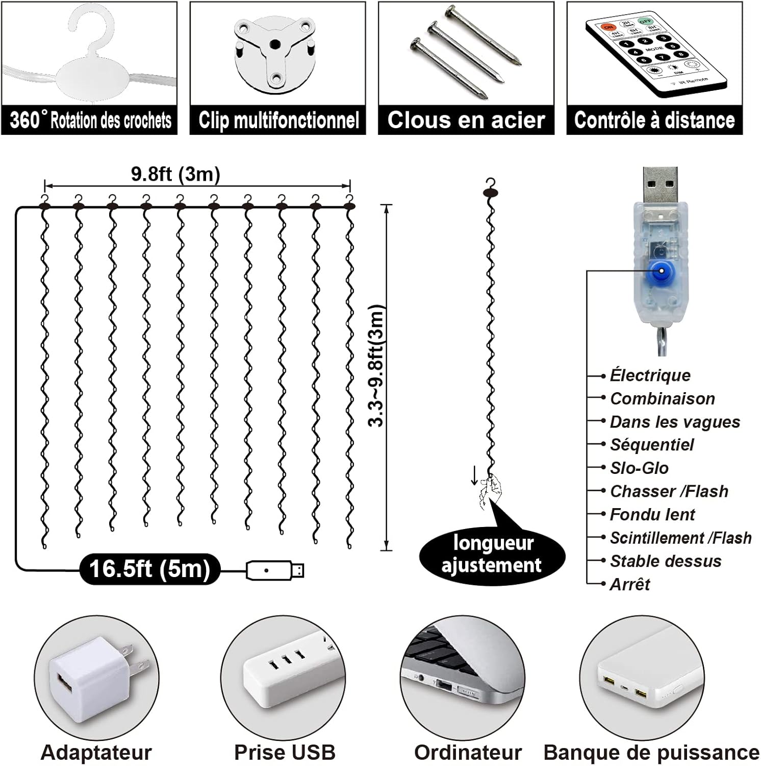 Detalle de HXWEIYE guirlande lumineuse rideau 300 LED (3 m x 3 m) blanc chaud, USB, télécommande et minuterie