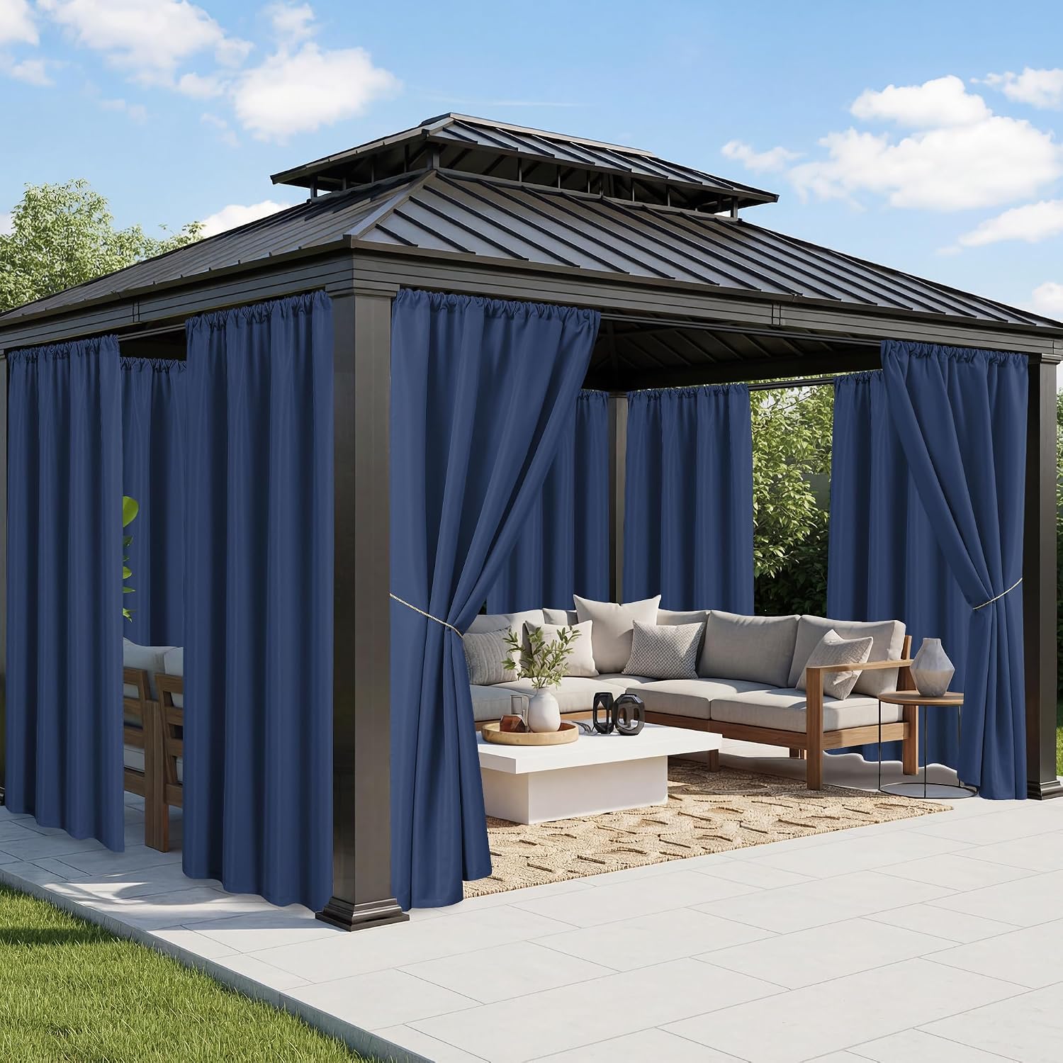 Detalle de RichSets Outdoor Curtains, 8 Panels, Waterproof Navy Polyester, 54 x 84 Inch