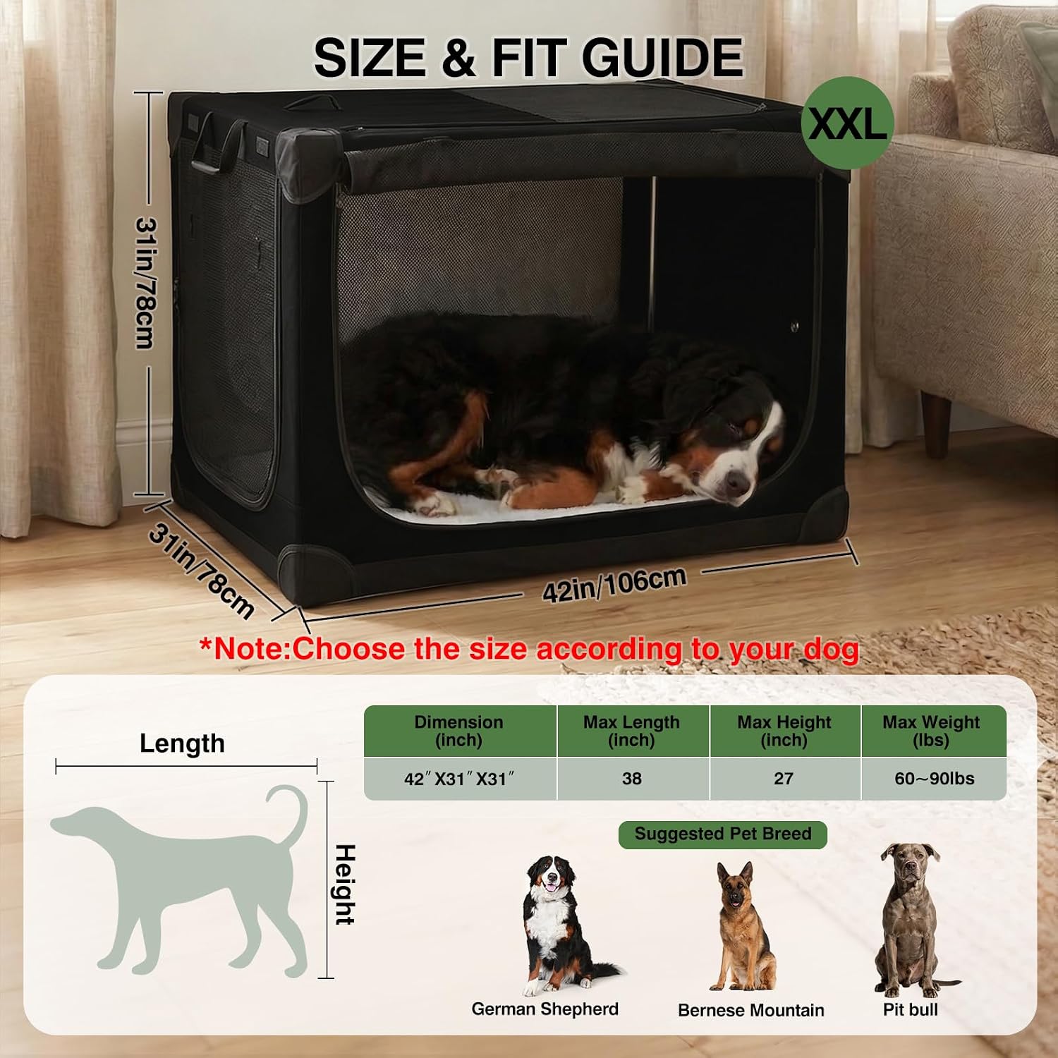 Detalle de derimkcoa 106 x 78 x 78cm Collapsible Travel Dog Crate (soft portable kennel up to 36kg) – 4-door foldable, storage bag, black