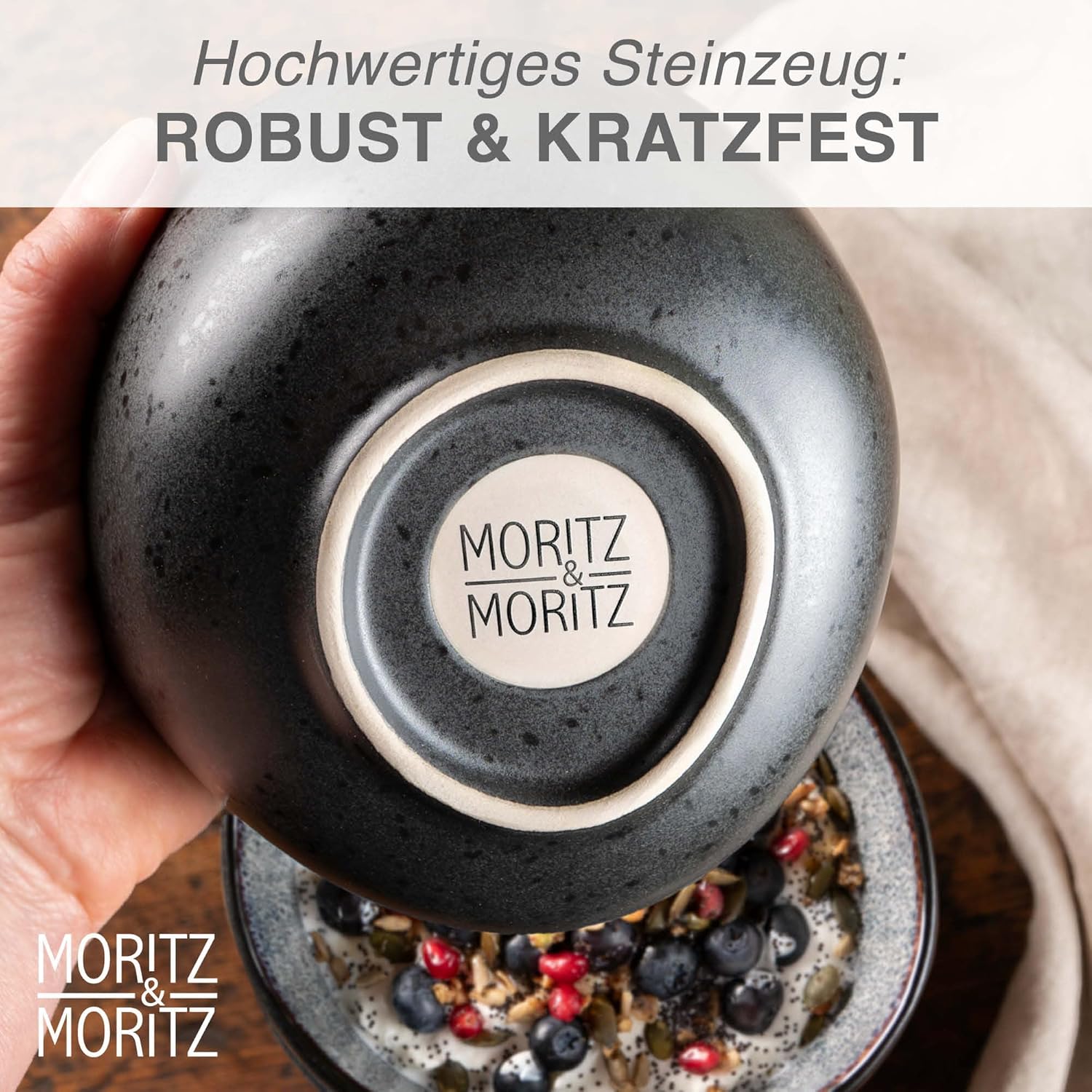 Detalle de Moritz & Moritz ORGANIC Müslischalen Set 6-teilig Grau – Steingut-Schalen mit Farbverlauf, ca. 500 ml