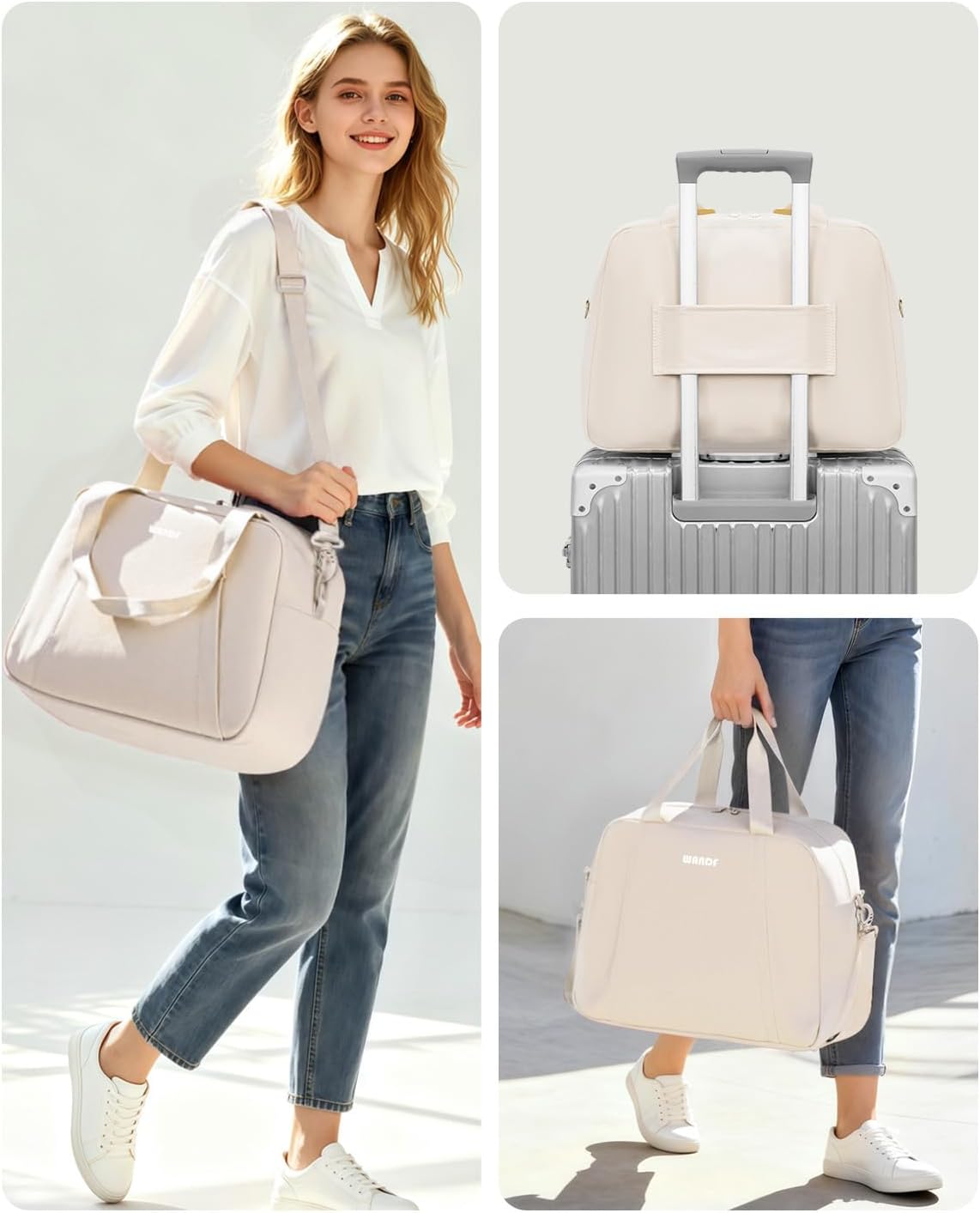 Detalle de WANDF Ryanair Cabin Bags 40x30x20 Underseat Foldable Travel Duffel (Beige, 24L)