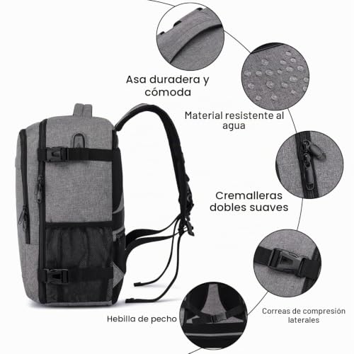 Detalle de PUSLOM Mochila de cabina 40x30x20 cm, 24 L, USB, antirrobo y funda para carrito – Gris
