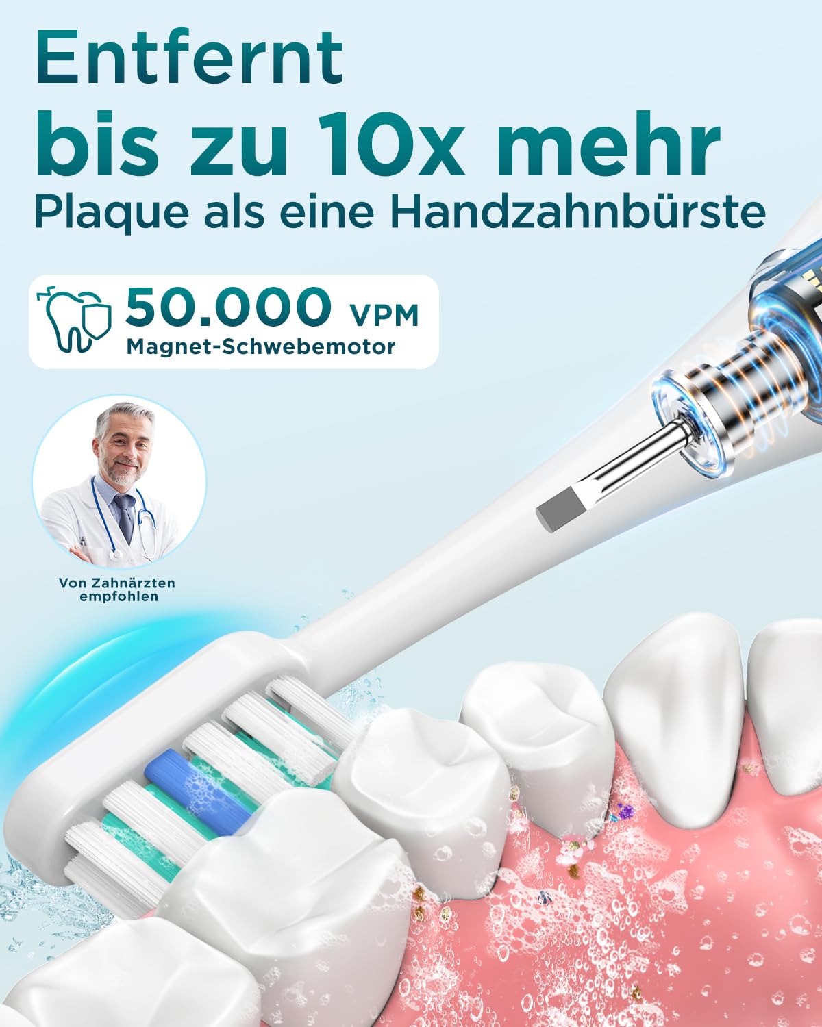 Detalle de Elektrische Schallzahnbürste von YTEATH PRO – 8 Bürstenköpfe, 5 Modi, 90 Tage Akku, Reiseetui