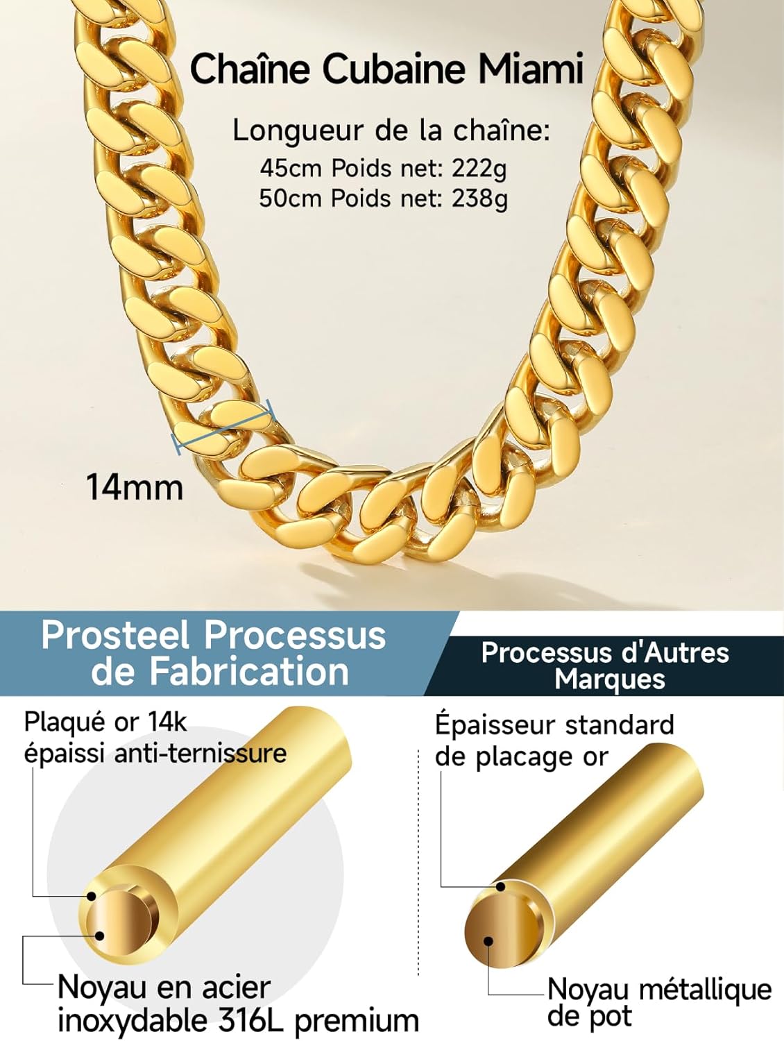 Thumbnail 1 de PROSTEEL chaîne cubaine femme en acier inoxydable 316L (maillons 5/12/14 mm) – 45/50 cm, style hip-hop