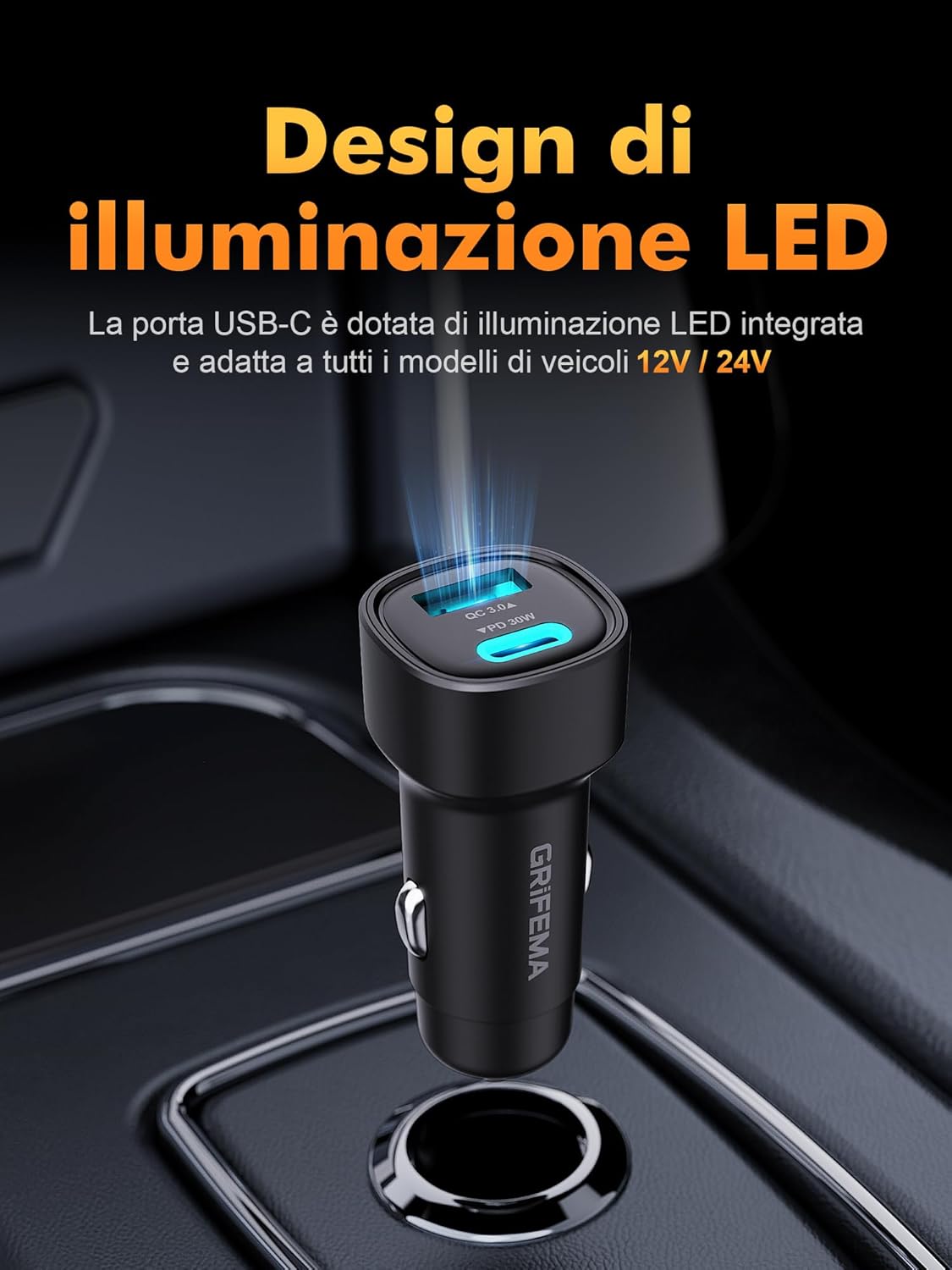 Thumbnail 1 de GRIFEMA caricatore auto USB-C 48W con doppia porta (PD 30W + QC 3.0 18W)
