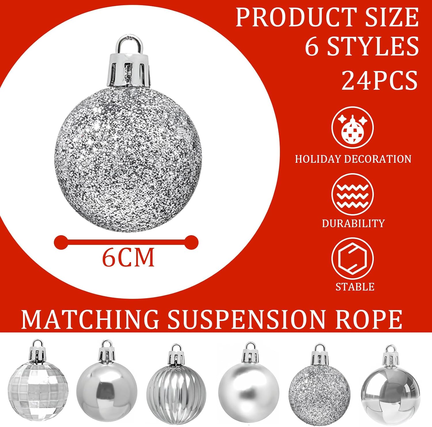 Detalle de 24Pcs Silvery Baubles for Christmas Tree, 6cm Shatterproof Plastic Ornaments – 24-Piece Set