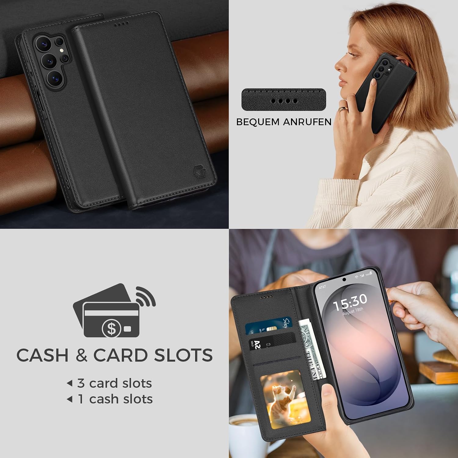 Detalle de Kirnntca Flip-Hülle für Samsung Galaxy S26 Ultra 5G – Schwarz, Kartenfach & Standfunktion