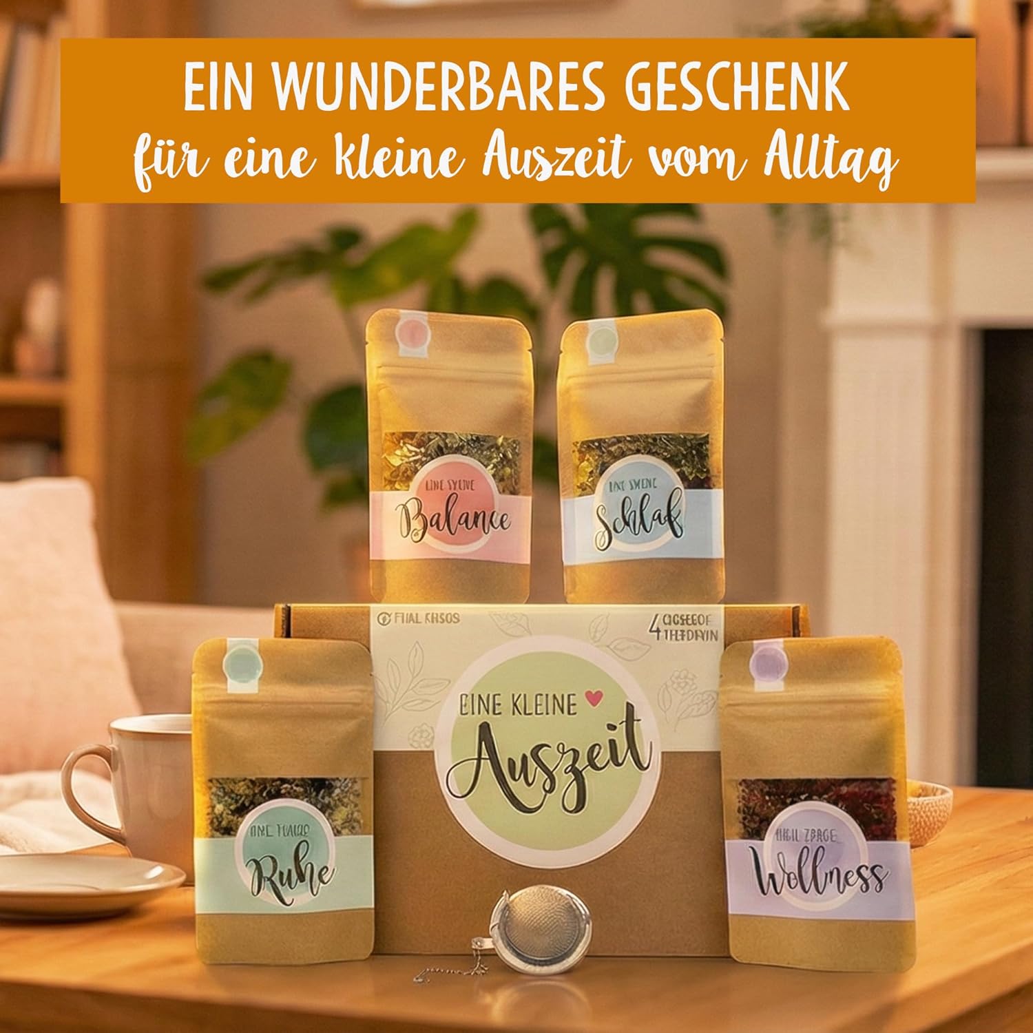 Detalle de OWLBOOK® Tee Geschenkset „Eine kleine Auszeit“ mit 4 Teesorten und Edelstahl-Sieb
