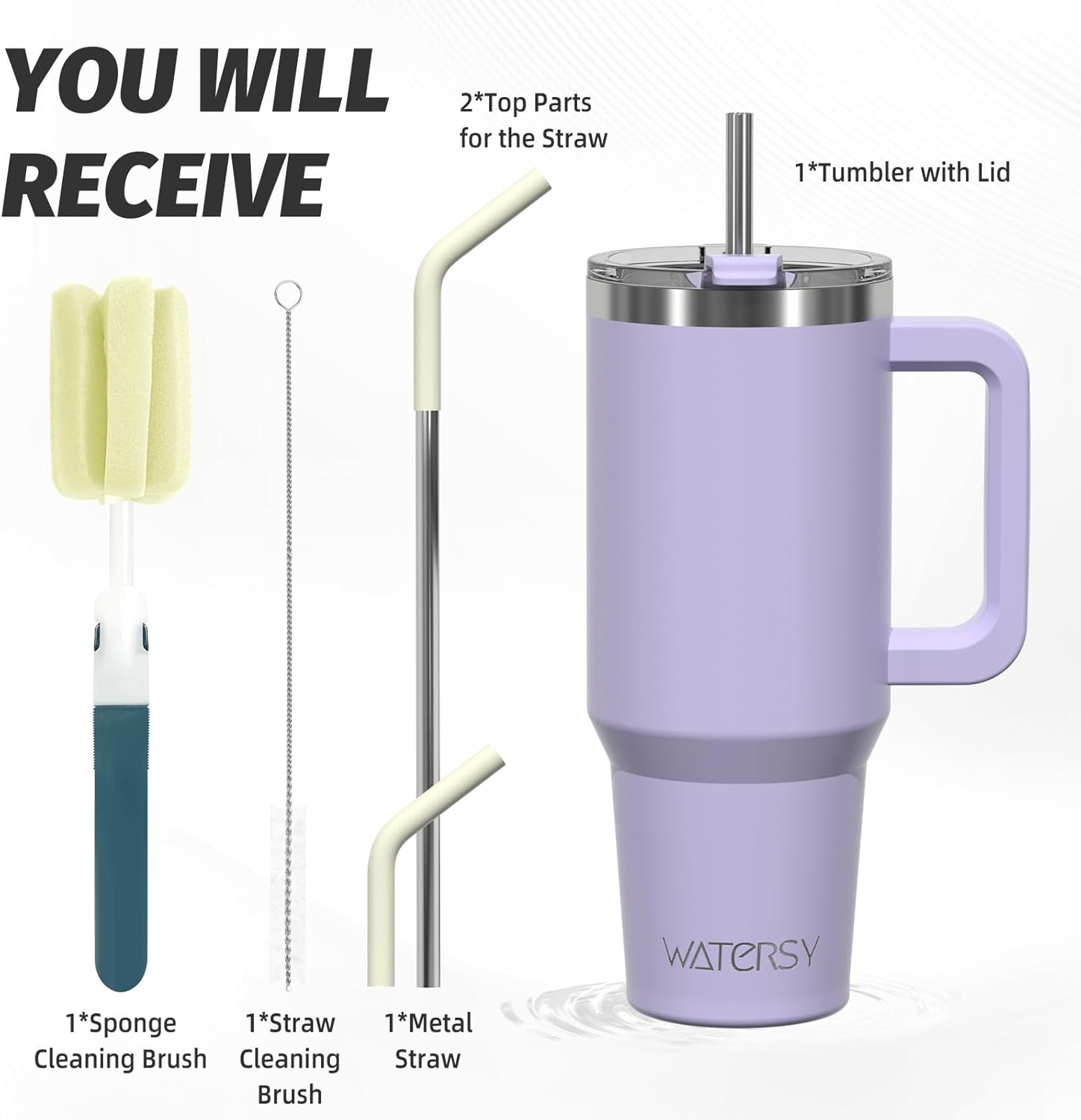 Detalle 2 de WATERSY 20oz Thermobecher to Go mit doppelwandigem Edelstahl, Griff & Strohhalm – lila
