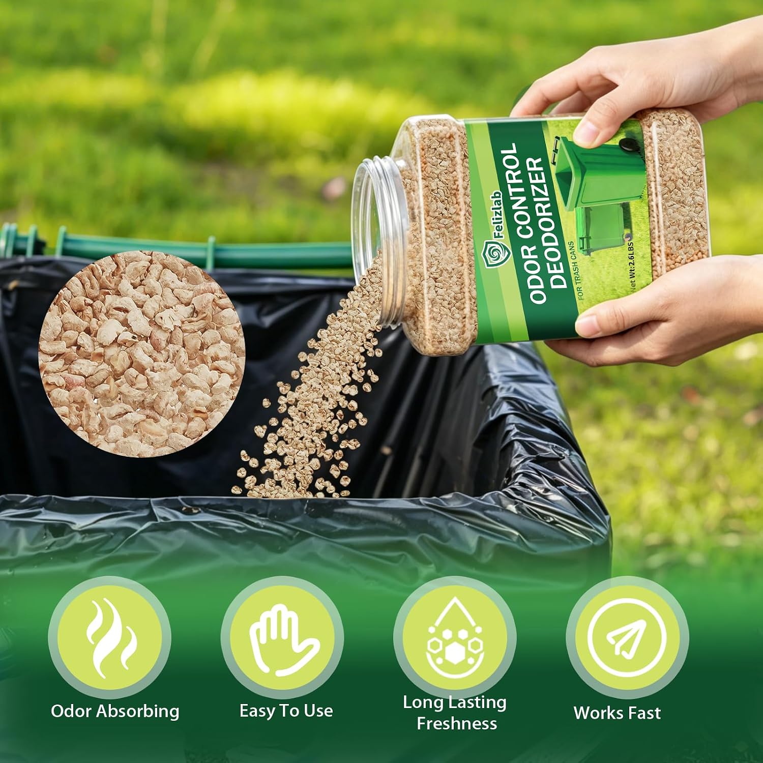 Detalle de Outdoor Trash Can Deodorizer, 2.6 lbs Corn-Cob Pellets with Lemon Scent