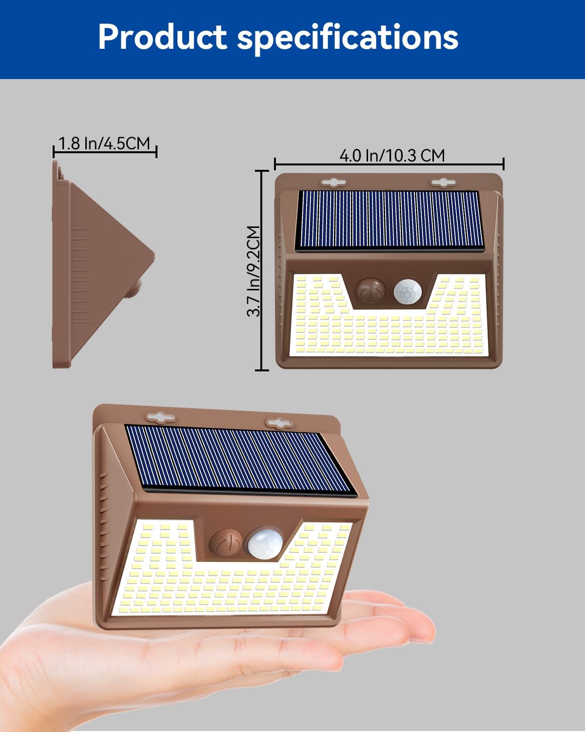 Thumbnail 5 de Peasur 3 Stück Solarlampen Außen mit Bewegungsmelder – 138 LED, IP65, 3 Modi, brauner Rahmen