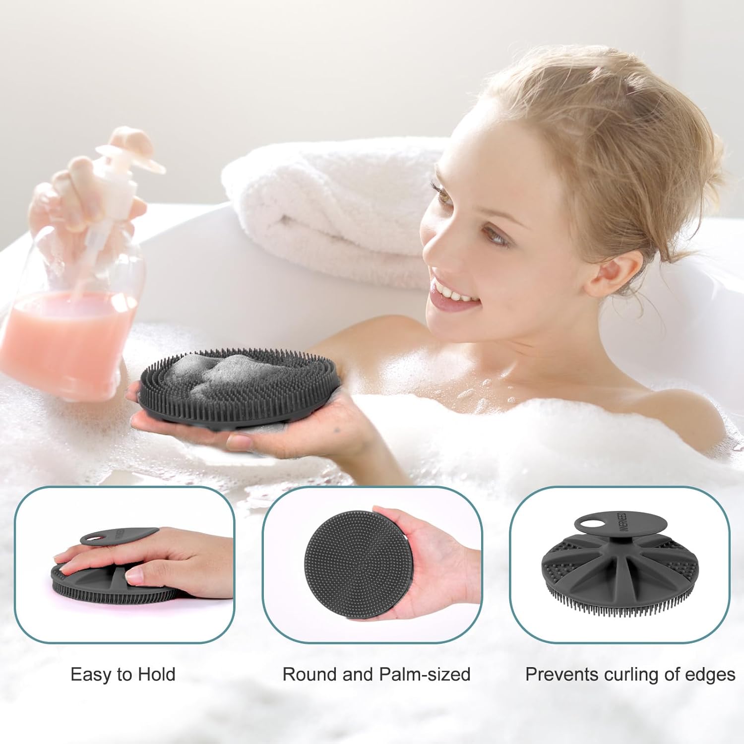 Detalle 2 de INNERNEED Körperschrubber aus weichem Silikon (Lebensmittelqualität) – Dusch- und Handreinigungsbürste im Set Schwarz+Grau