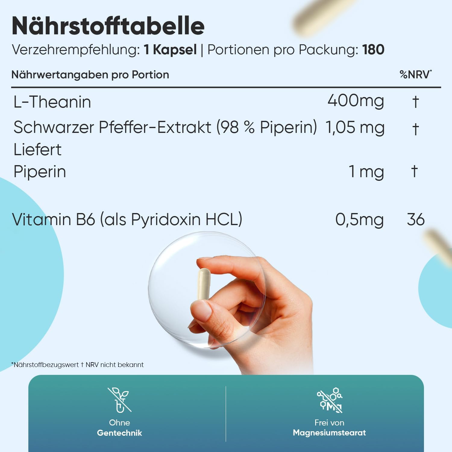 Detalle de WeightWorld L-Theanin Kapseln – 401 mg pro Kapsel, 180 Kapseln, 6 Monate Vorrat