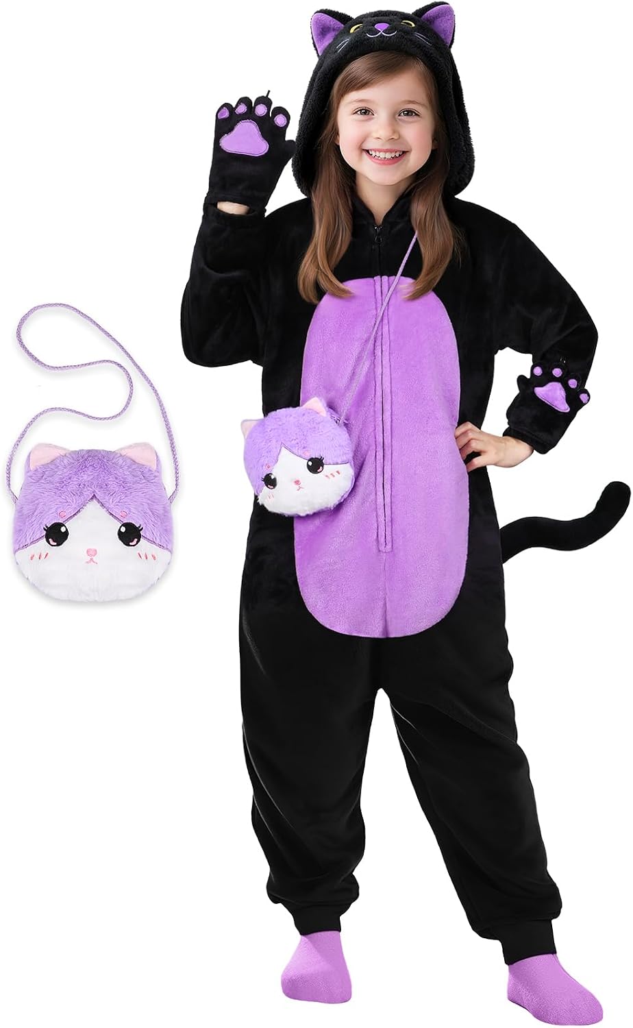 Detalle de Joycover Black Cat Costume for Girls, Purple Onesie with Hood, Tail and Candy Bag
