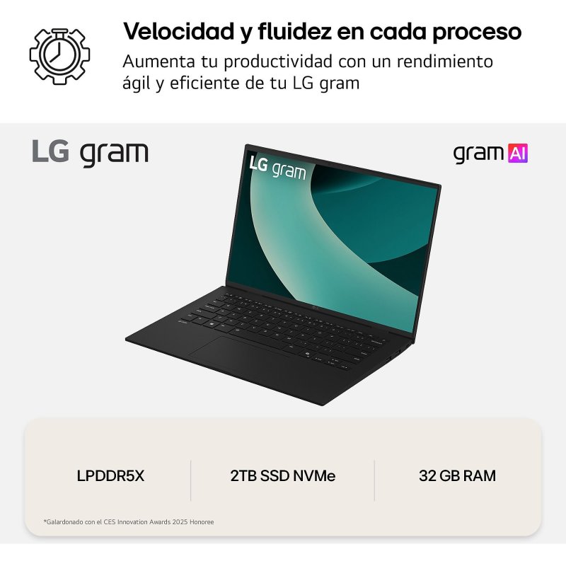 Detalle de LG gram 16Z90T-G.AD8BB: Portátil 16" con 32 GB RAM y 2 TB SSD para edición y multitarea