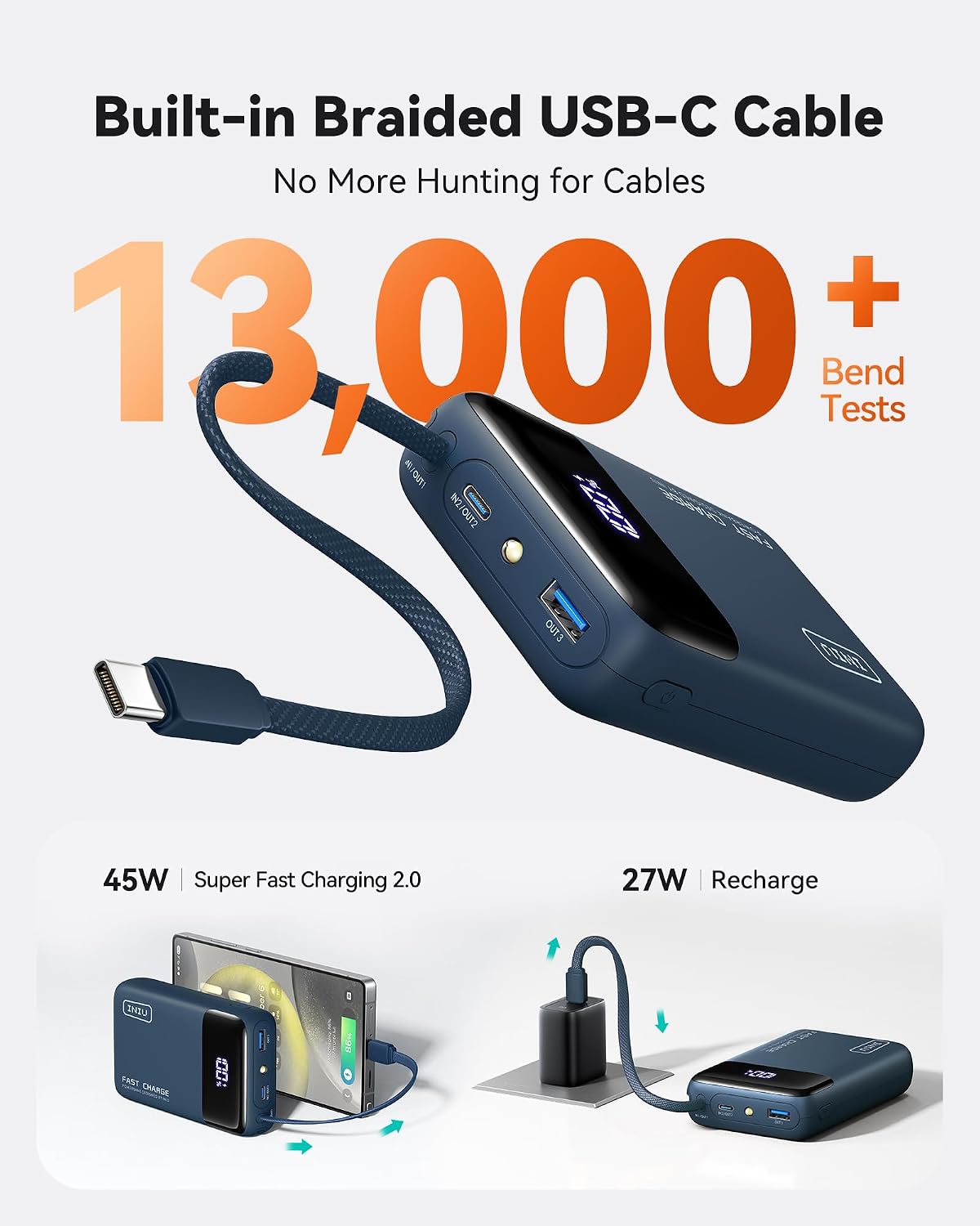 Detalle de INIU 45W powerbank med 20 000 mAh och inbyggd USB-C-kabel, blå