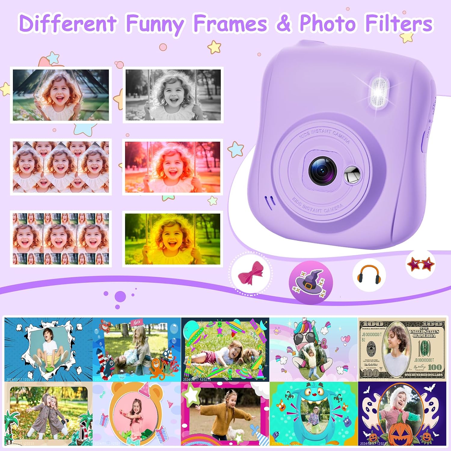 Thumbnail 2 de Hangrui Kinderkamera Sofortbildkamera (14 MP) mit 32-GB-Karte, Sofortdruck & 1080P – lila