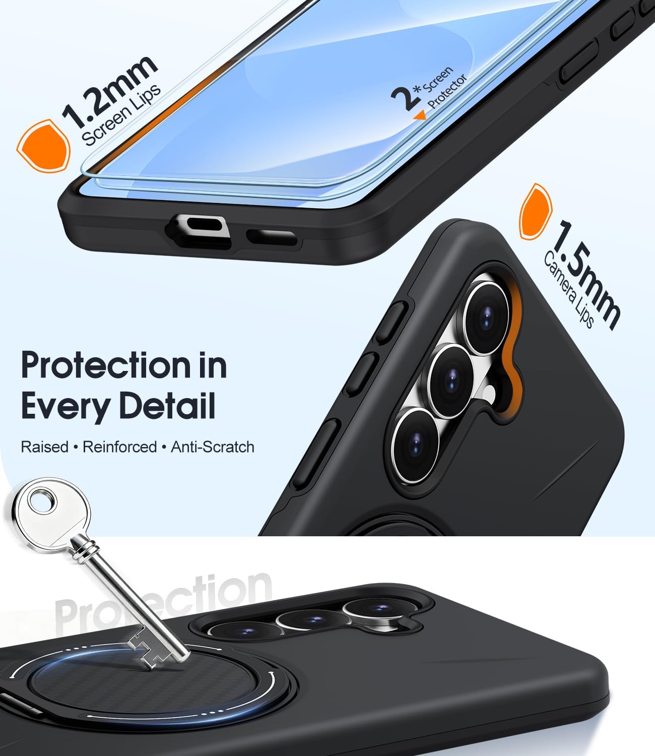 Detalle de AOUIA Samsung S26 Case with 2-Pack Screen Protector: Military-Grade Shockproof Protection with 360° Rotating Kickstand