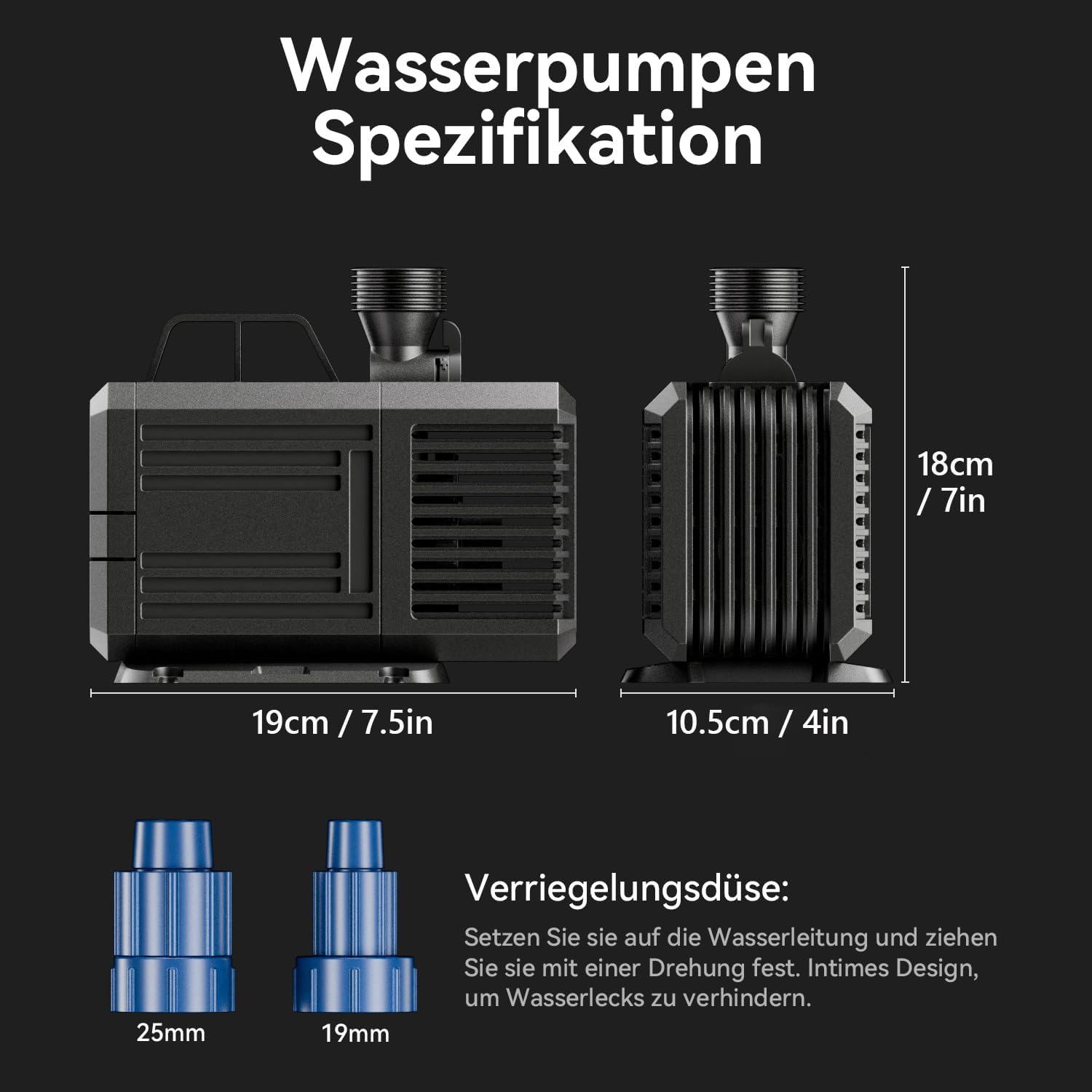 Detalle de Tauchpumpe 5700 L/H (max) 125 W für Teich, Aquarium & Bachlauf – Amphibische Teichpumpe mit 2 Düsen