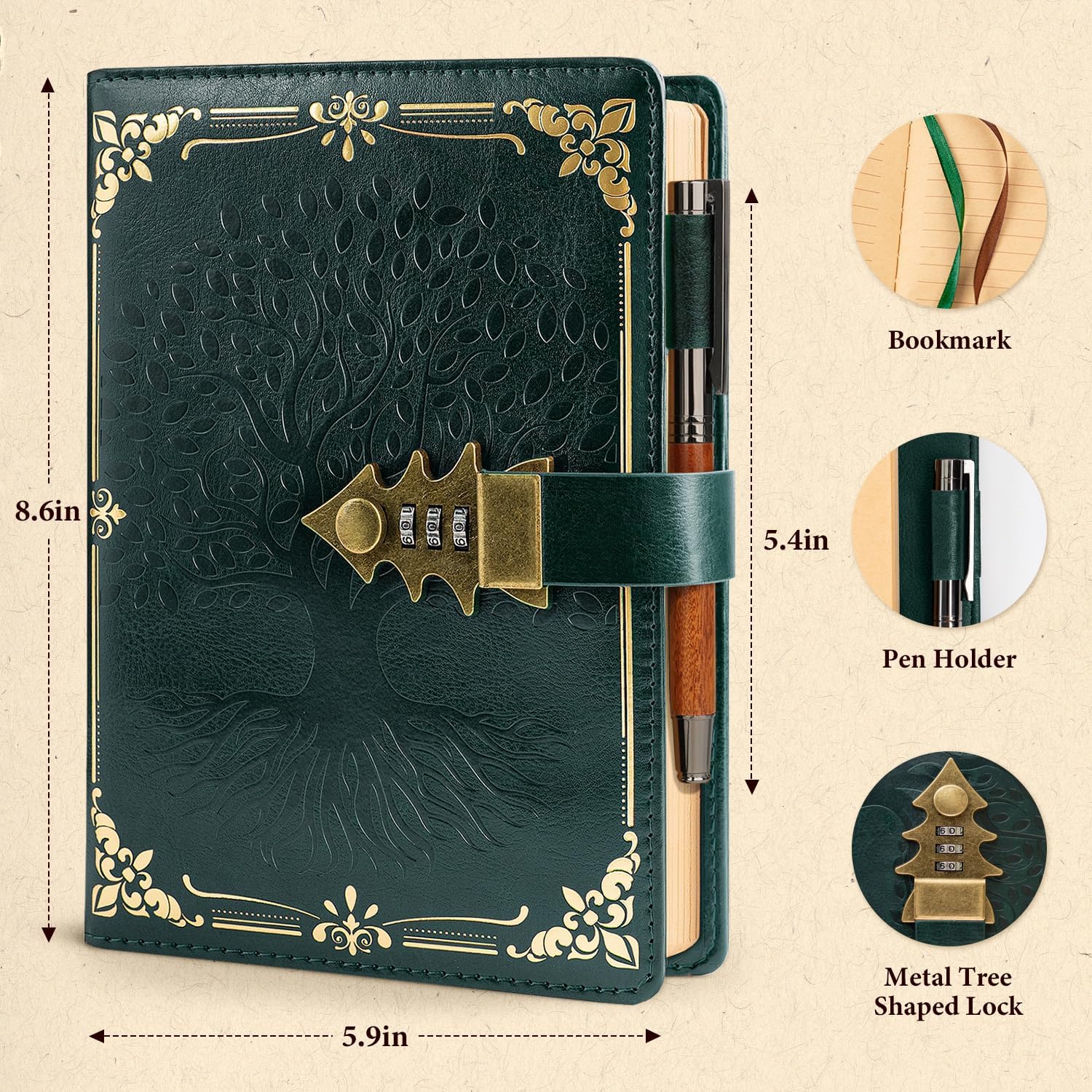 Detalle de WEMATE Tagebuch mit Schloss, A5 Hardcover (260 Seiten) inkl. Geschenkbox – nachfüllbar, Vintage-Optik in Grün