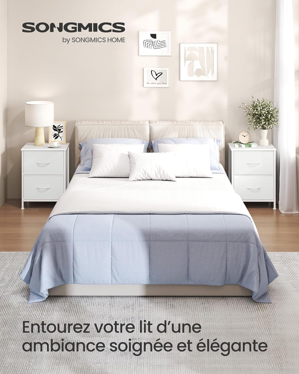 Detalle de SONGMICS BELLAH Collection - Table de Chevet avec 2 Tiroirs (LGS112WH01), cadre acier et plateau bois, blanc nuage / blanc neige