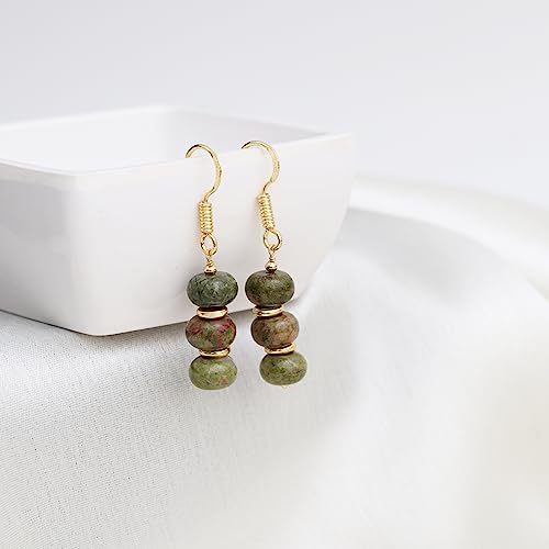 Detalle de GEMPires Natural Gemstone Rondelle Bead Earrings for Women, Unakite – 8mm Lightweight Handmade Drops