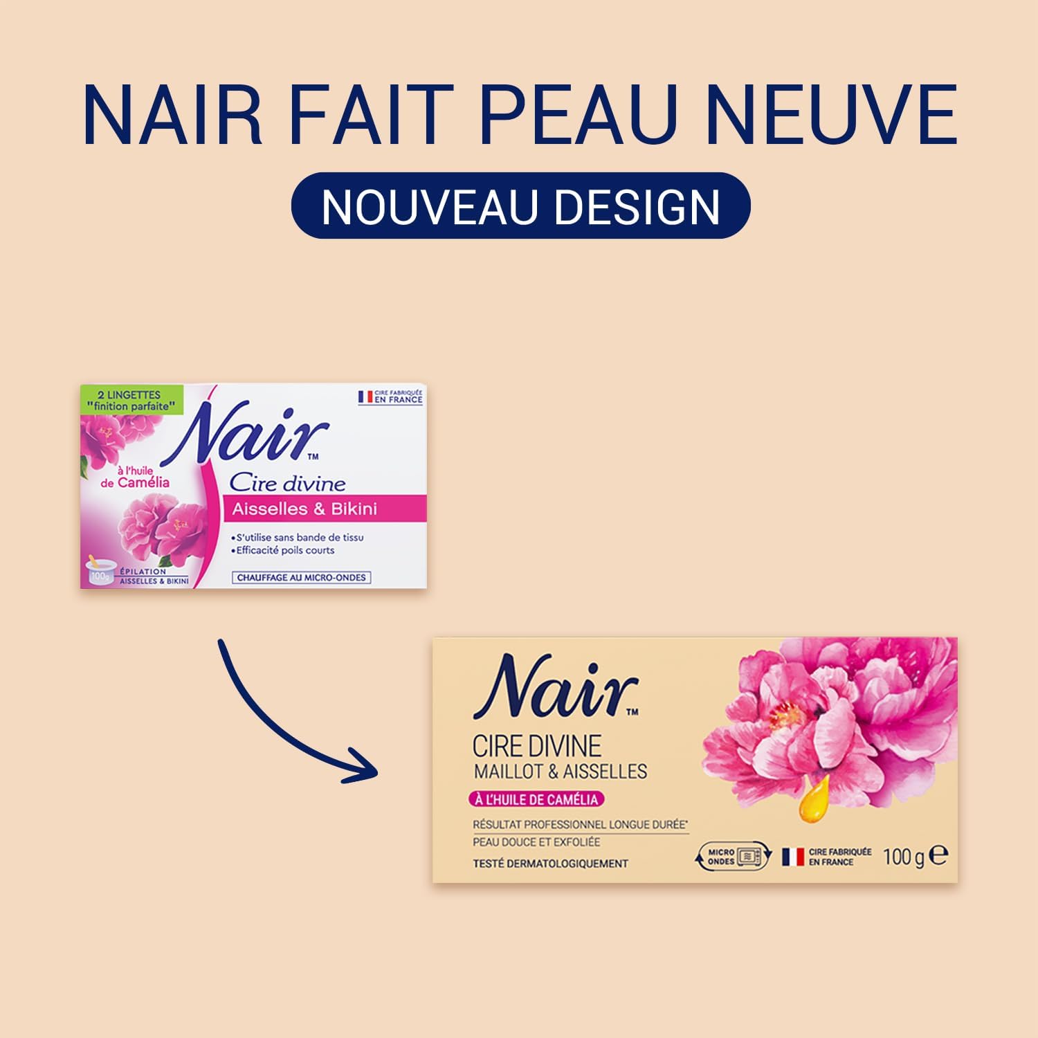 Detalle de NAIR Cire Divine à l'huile de Camélia – Aisselles & Bikini, cire chaude sans bandes, pot 100 g + 2 soins finition douceur