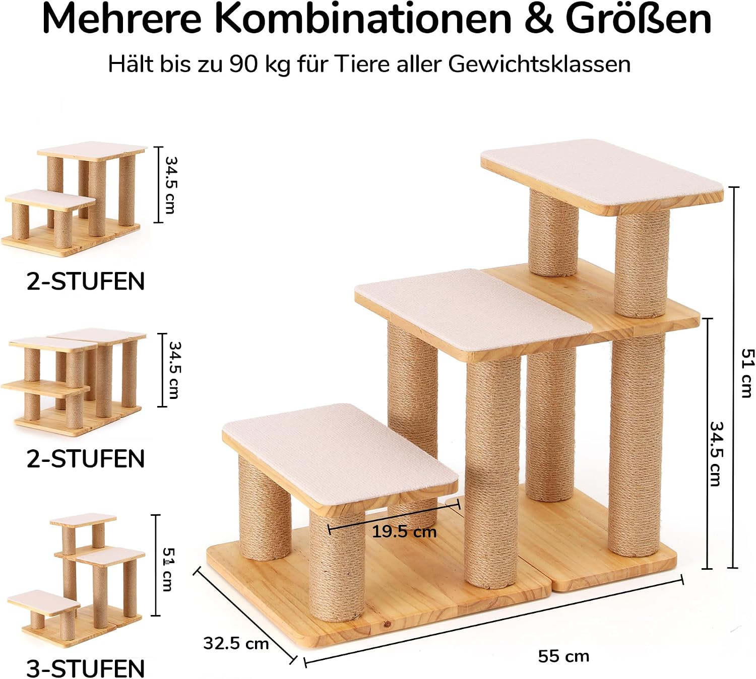 Detalle de FUKUMARU Hundetreppe 3 Stufen – Kiefernholz, Jute, bis 90 kg, 18–51 cm höhenverstellbar
