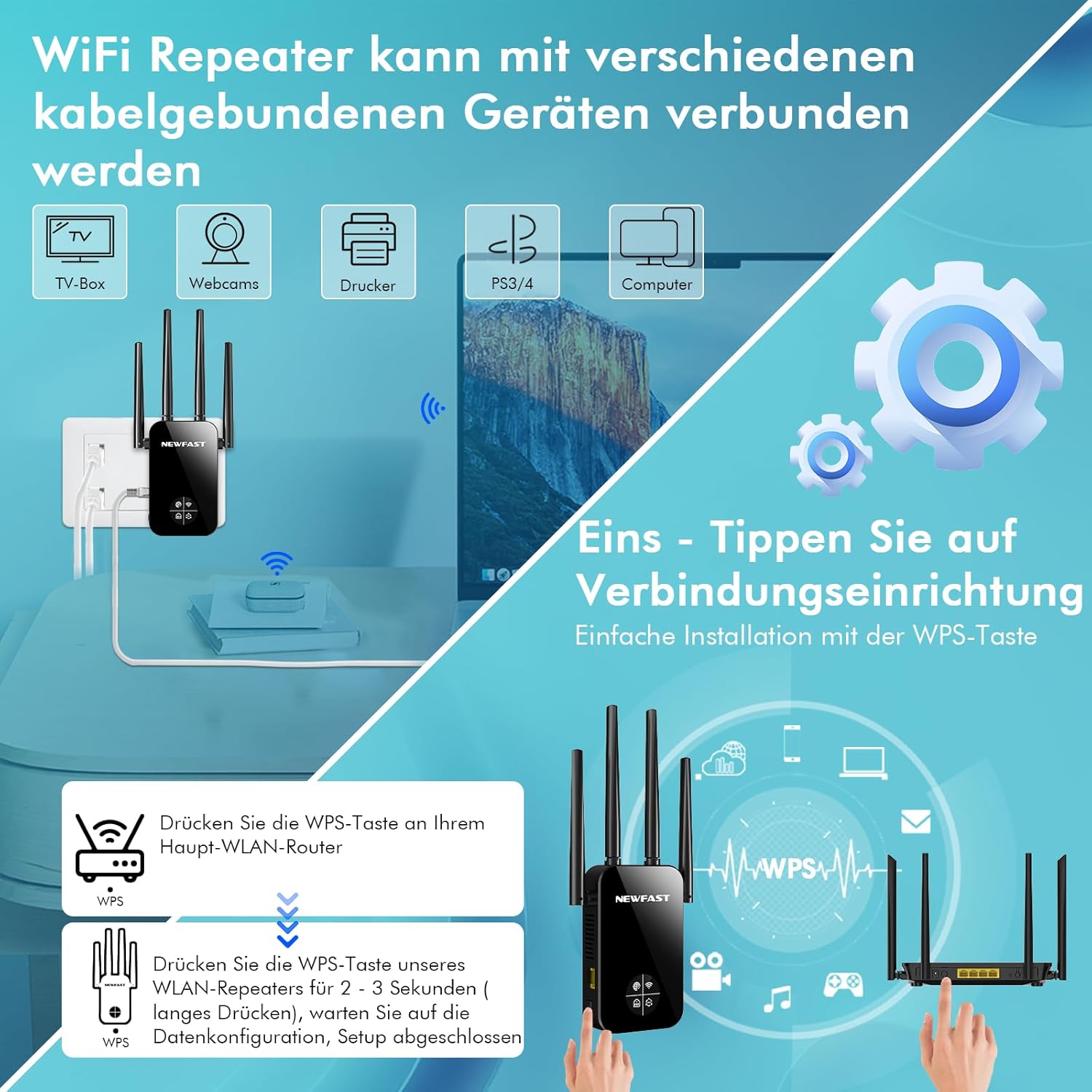 Thumbnail 5 de NEWFAST WLAN-Verstärker 1200 Mbit/s Dualband WiFi Repeater mit WPS, 4 schwenkbaren Antennen und Ethernet-Port