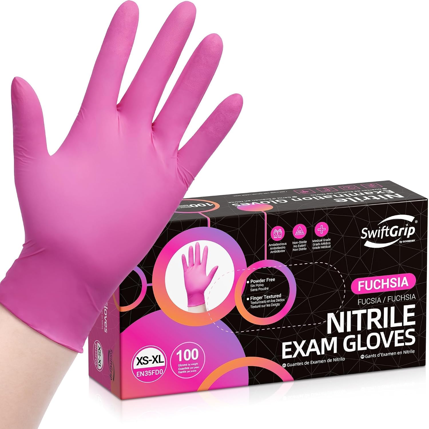 Detalle de SwiftGrip Powder-Free Nitrile Gloves, 3-mil, Pink/Fuchsia, Latex-Free & Food-Safe