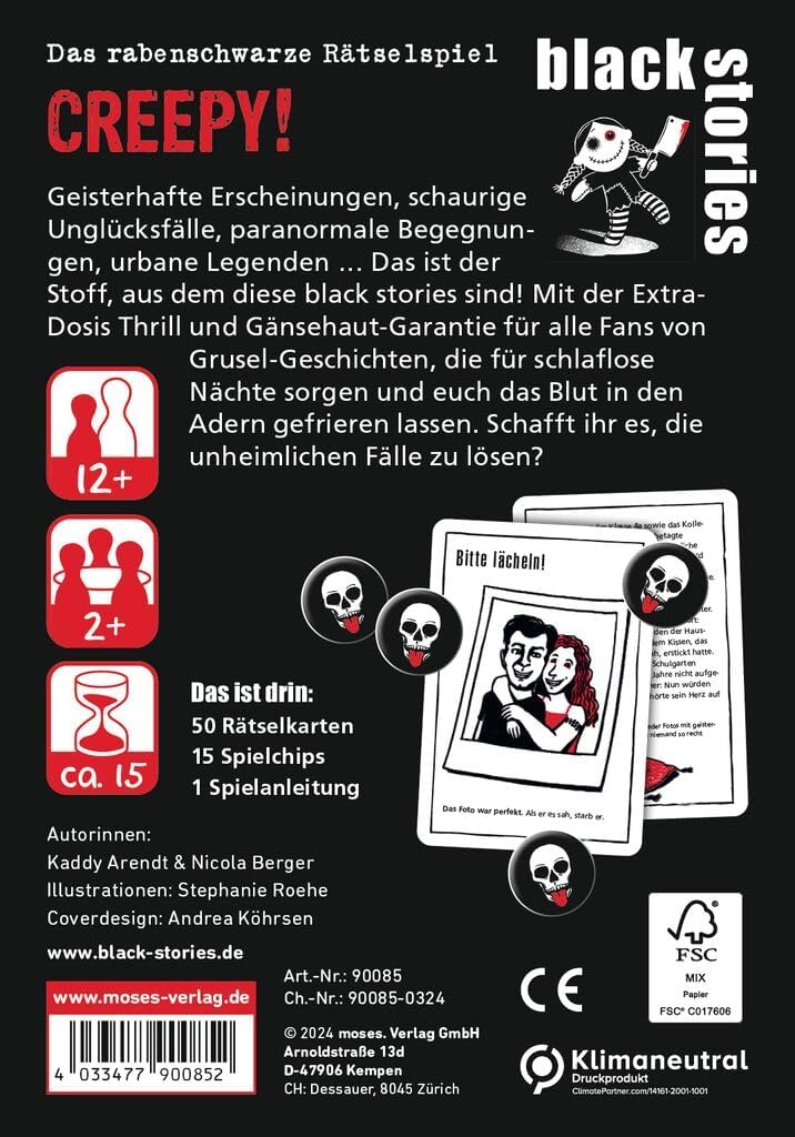 Detalle 2 de Moses Black Stories Creepy! – 50 énigmes de crime à résoudre en équipe (jeu de cartes)