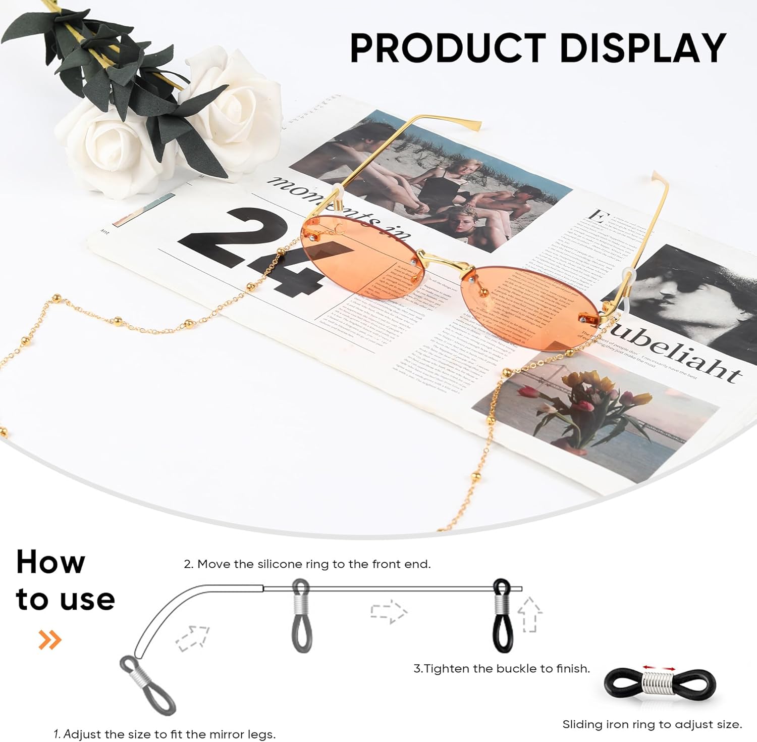 Thumbnail 2 de MEGAVOW rimless oval tinted sunglasses with beaded eyeglasses strap (fashion frameless) – UV protection