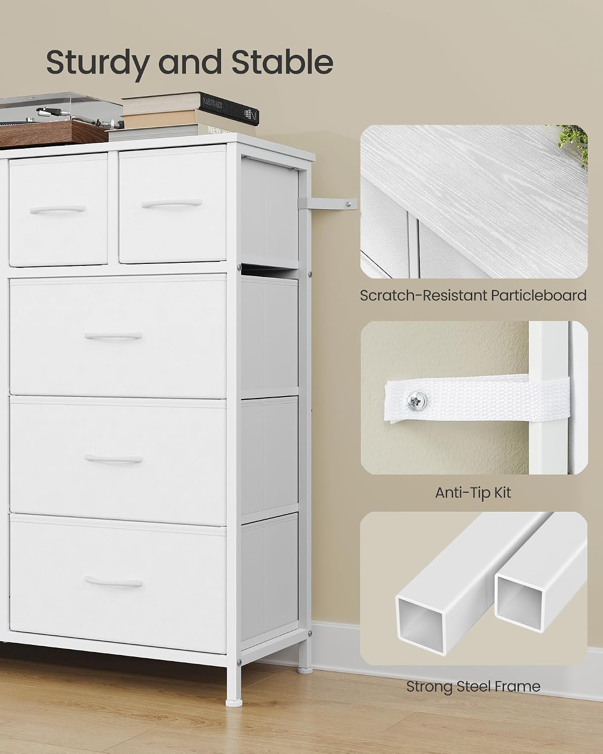 Detalle de SONGMICS ULGS236W101S 10-Drawer Fabric Dresser, Cloud White, Steel Frame