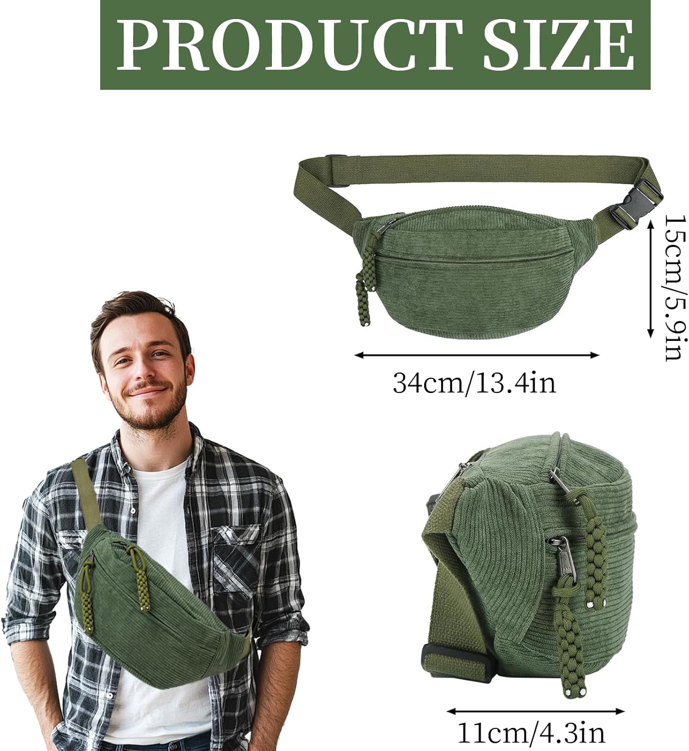 Detalle 2 de Cord Umhängetasche Damen – Grün, vielseitige Bauchtasche mit 34 × 15 × 11 cm