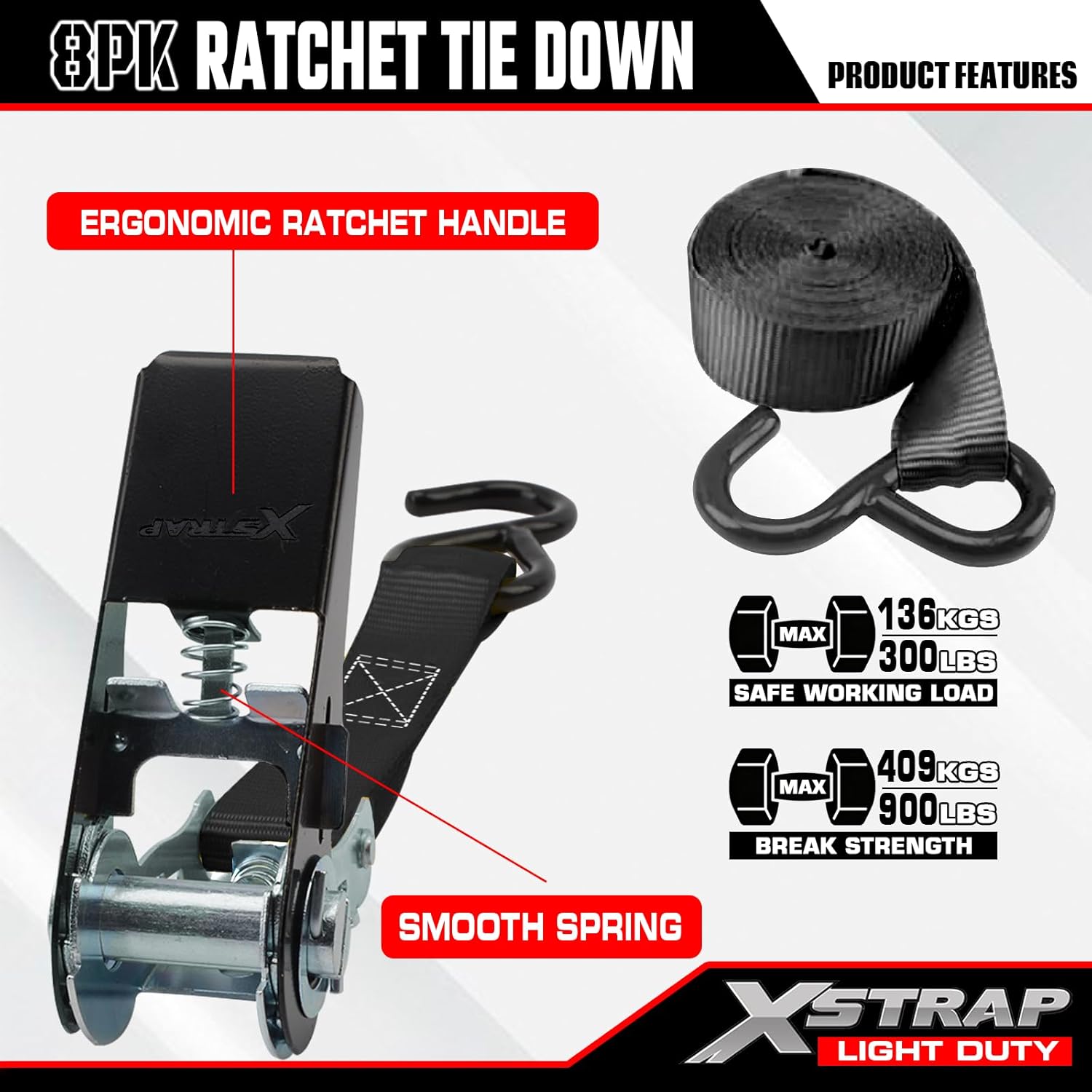 Detalle 2 de XSTRAP STANDARD 16044-11100 Ratchet Tie-Down Straps, 1-Inch x 10-Foot, 8-Pack