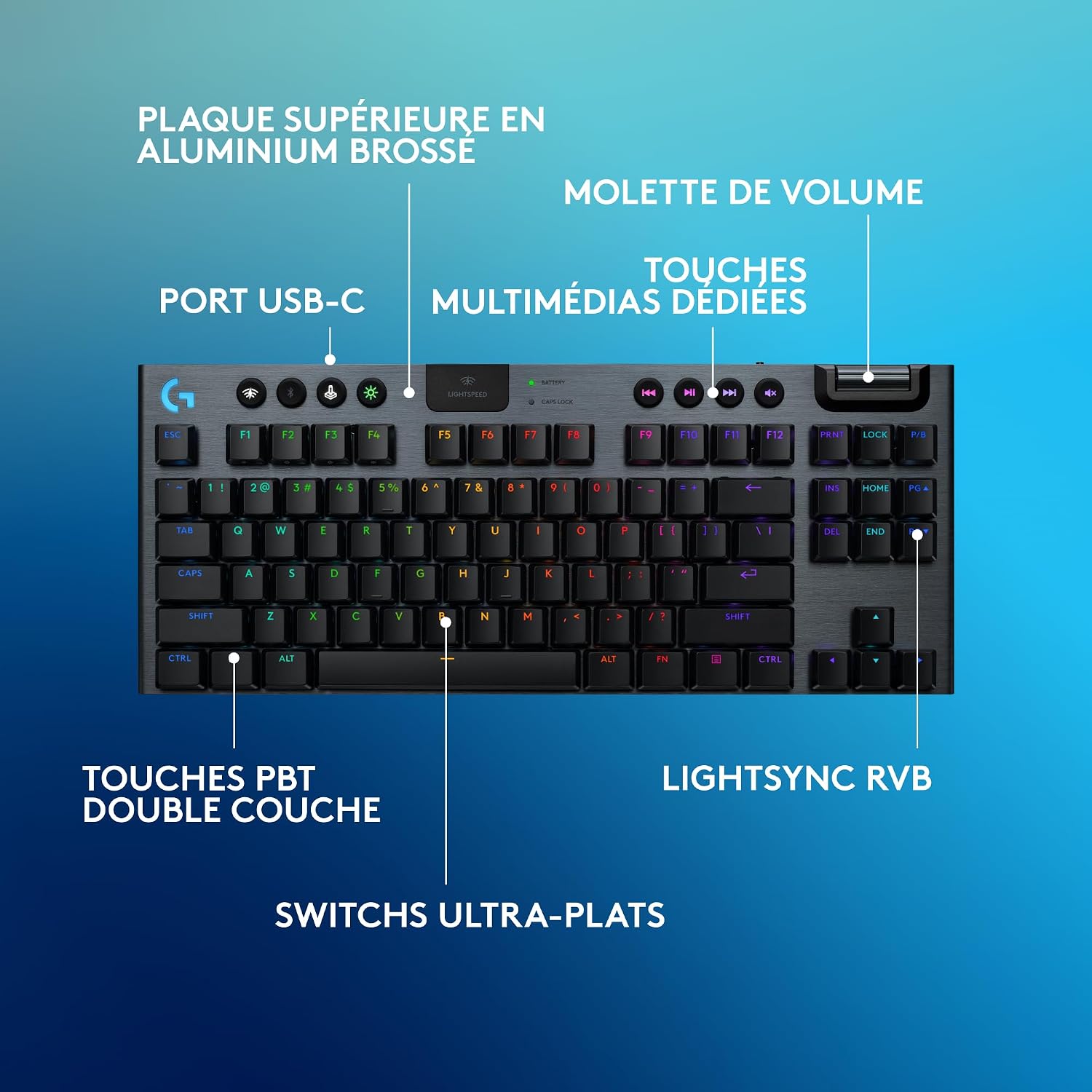 Detalle de Logitech G G915 X LIGHTSPEED TKL Clavier gaming sans fil ultra-plat, FRA AZERTY – GL Clicky Blue